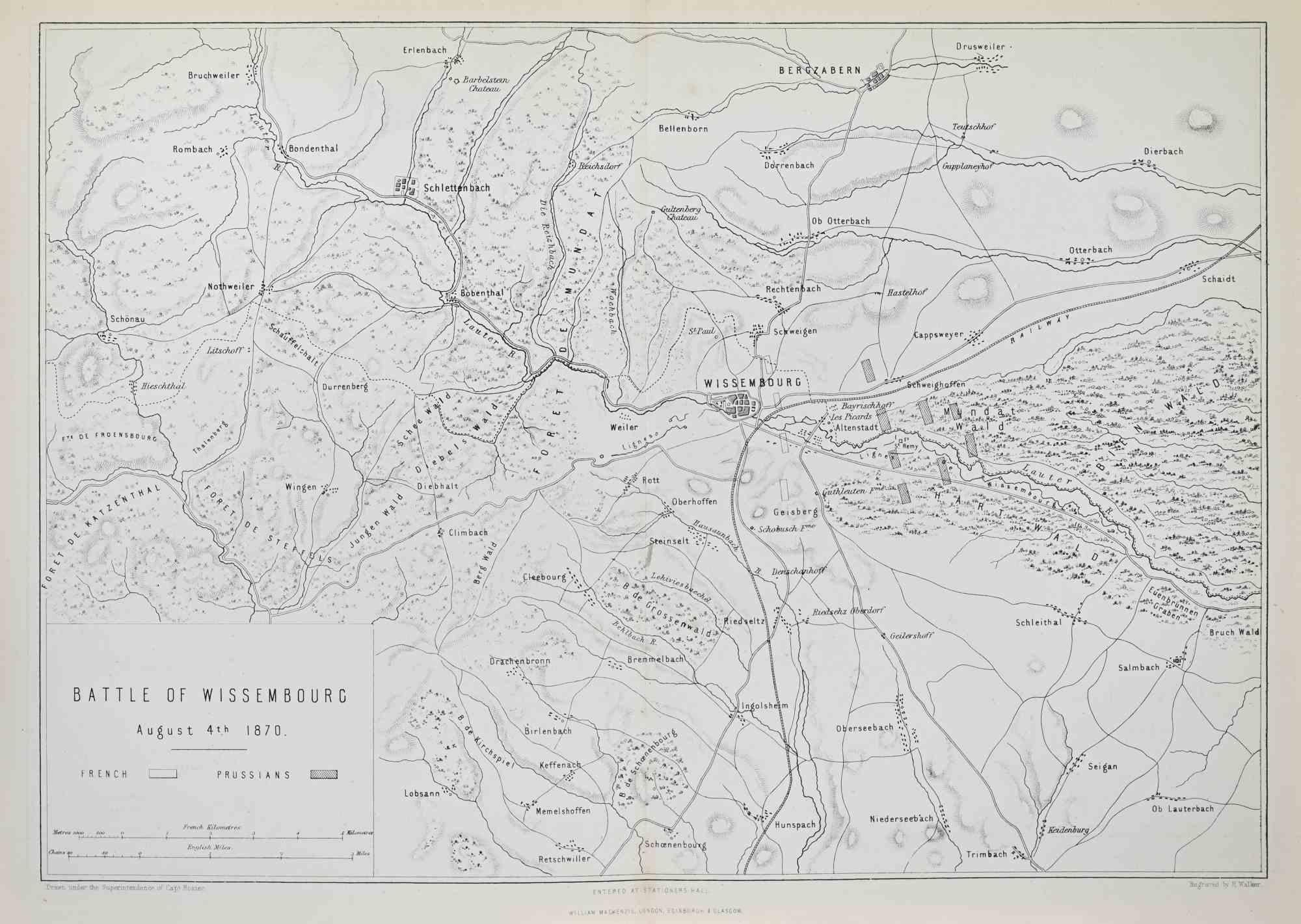 Battle of Wissembourg is a map realized by R. Walker.

Lithograph, printed in 1872 by Milliam Mackenzie, London.
Good condition.