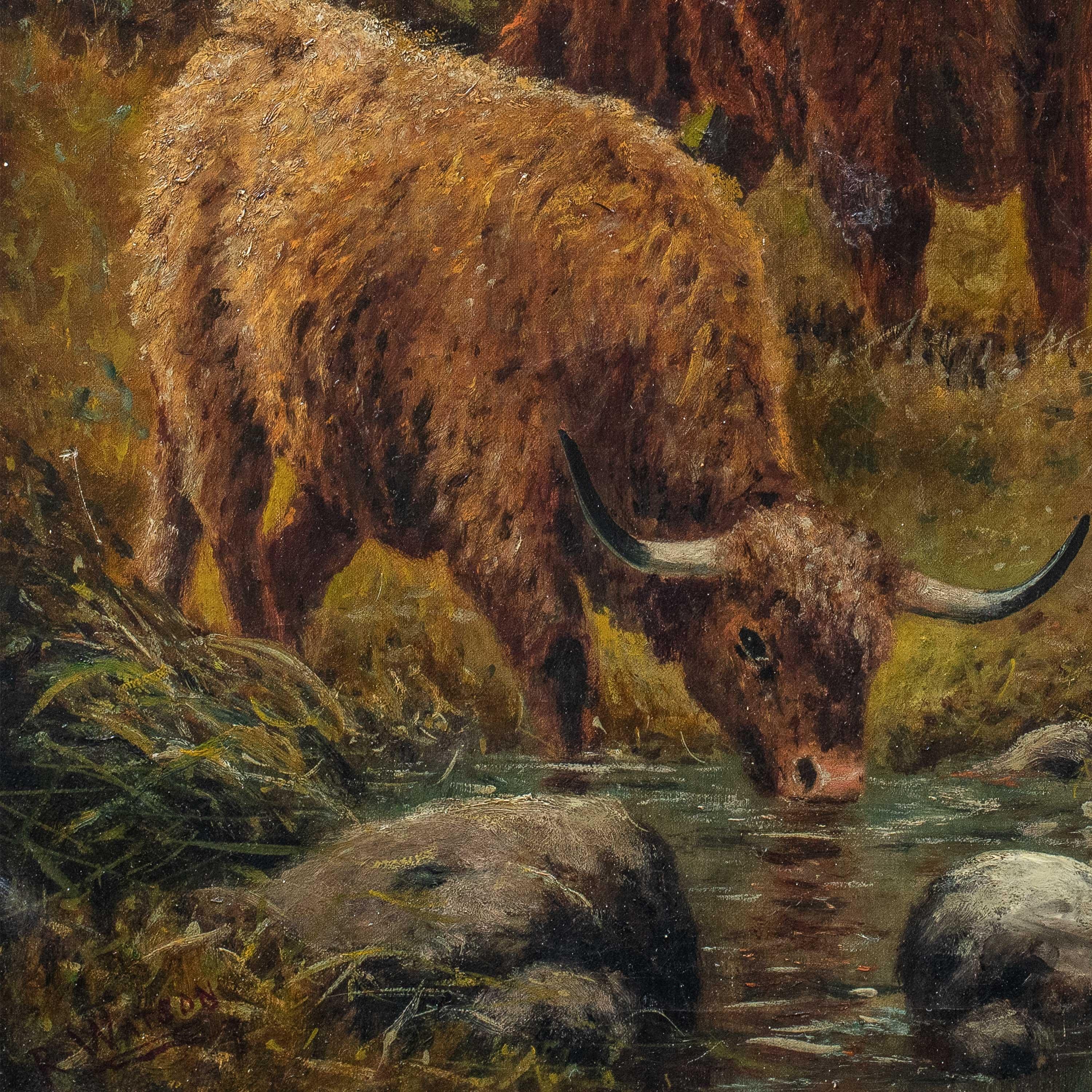R. Watson ( Britischer Maler) – Landschaftsmalerei des 19. Jahrhunderts – Hochlandrinder im Angebot 1