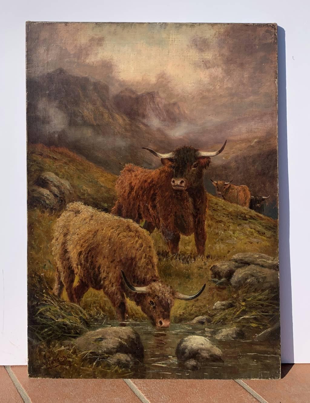 R. Watson ( Britischer Maler) – Landschaftsmalerei des 19. Jahrhunderts – Hochlandrinder im Angebot 2