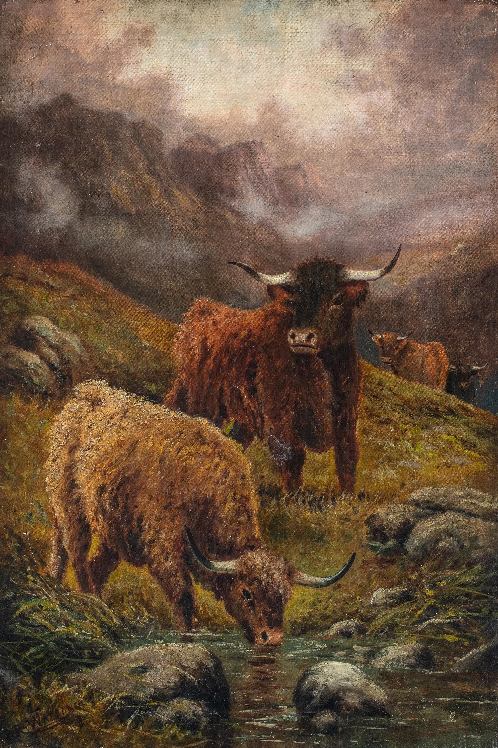 R. Watson (pittore britannico) - Paesaggio del XIX secolo - Bestiame delle Highlands