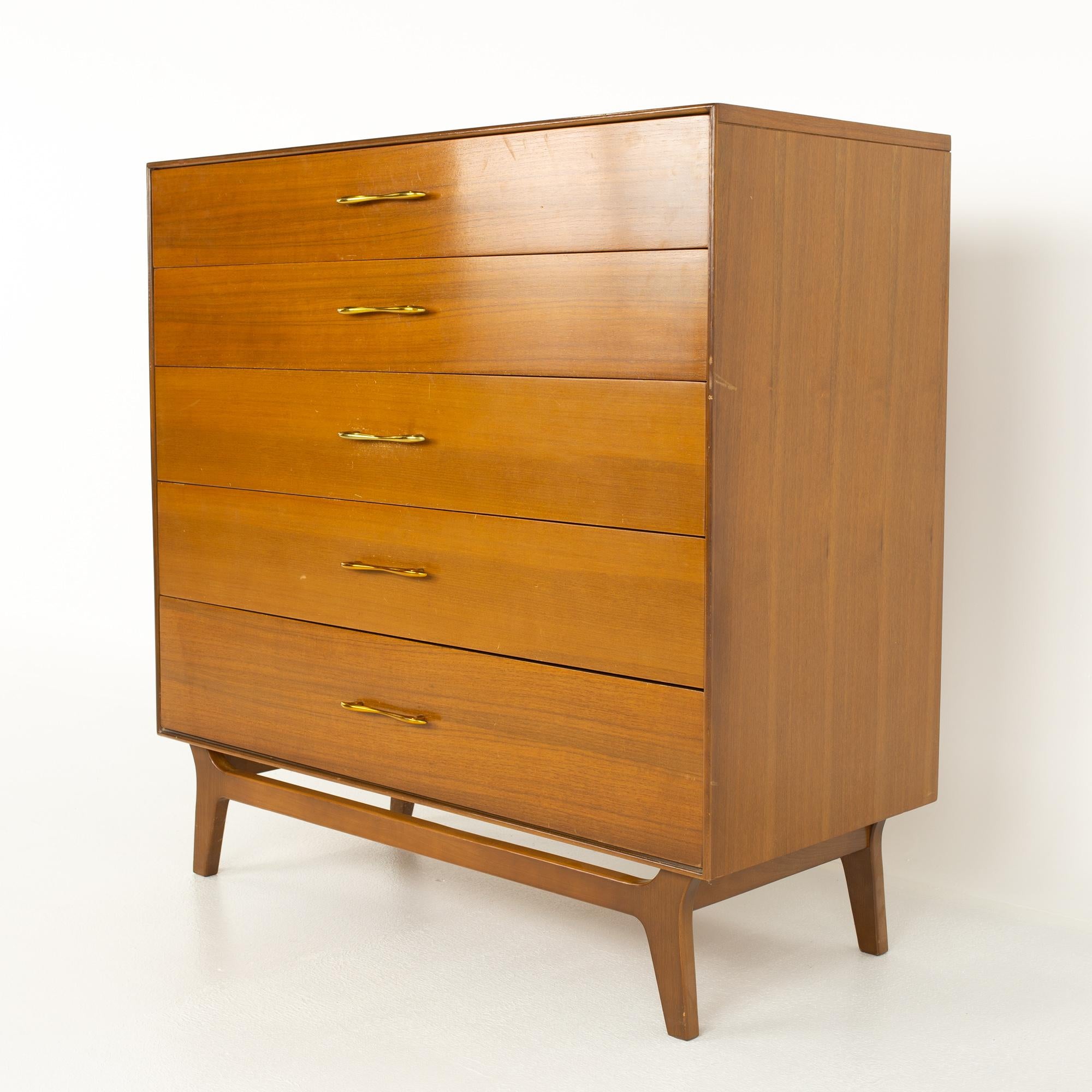 Mid-Century Modern Rway Mid Century 5 Drawer Walnut and Brass Highboy Dresser For Sale