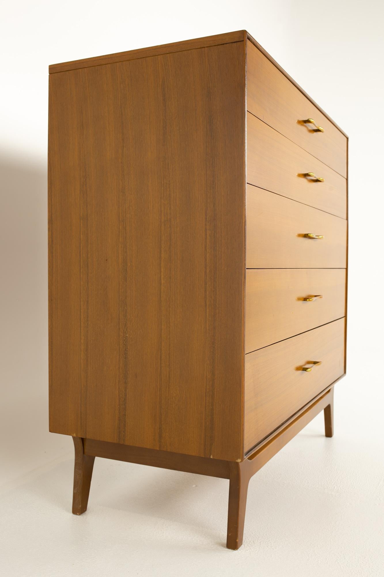 American Rway Mid Century 5 Drawer Walnut and Brass Highboy Dresser For Sale