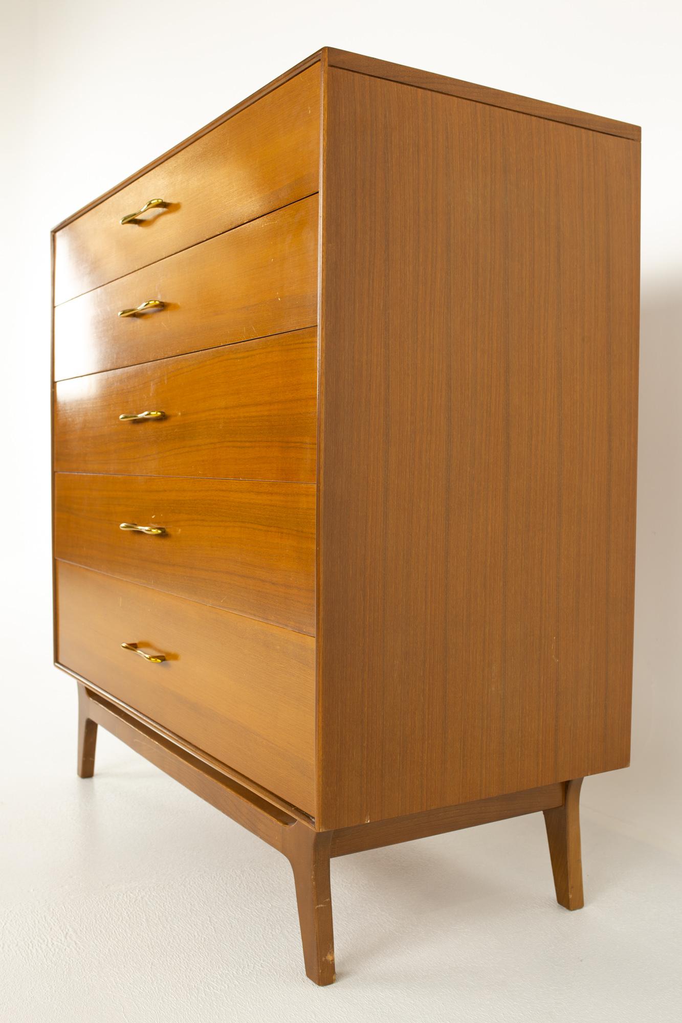 American Rway Mid Century 5 Drawer Walnut and Brass Highboy Dresser