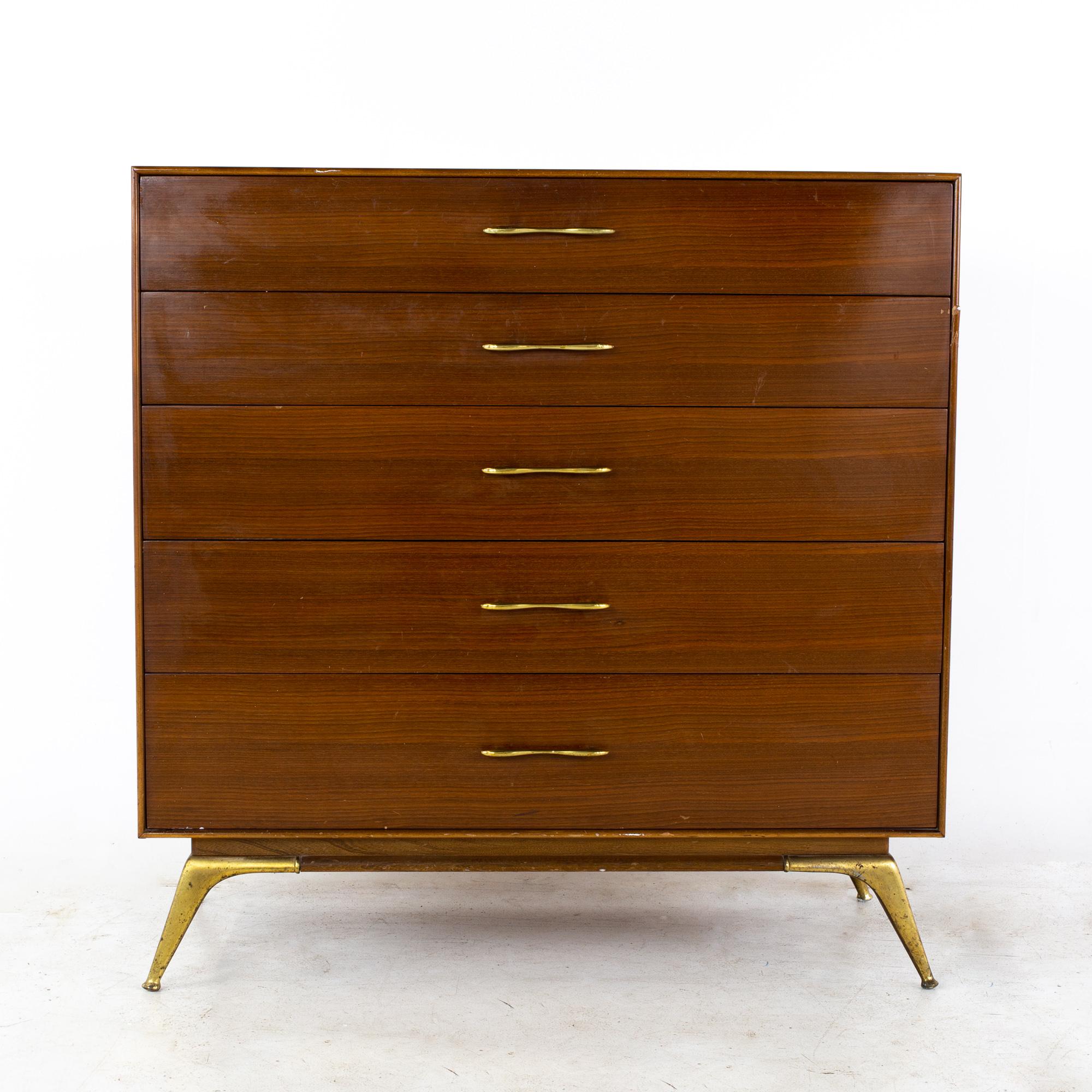 R-way mid century walnut and brass highboy dresser
Dresser measures: 38.5 wide x 18.5 deep x 40.5 inches high

All pieces of furniture can be had in what we call restored vintage condition. That means the piece is restored upon purchase so it’s