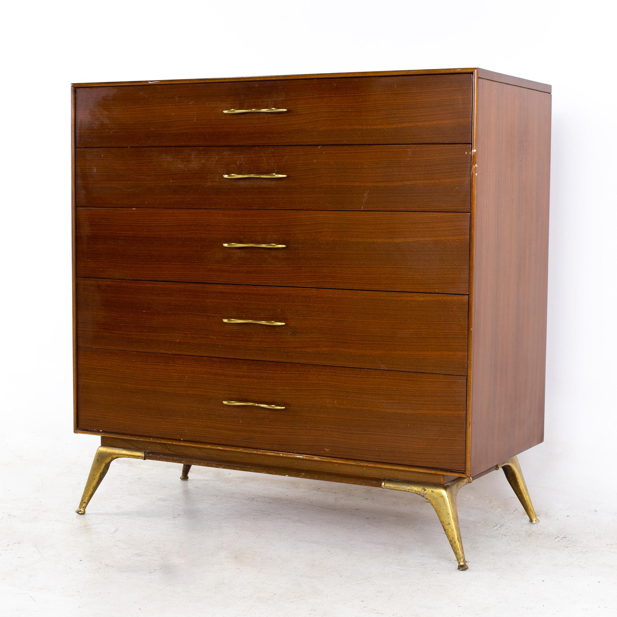 Mid-Century Modern R-Way Mid Century Walnut and Brass Highboy Dresser
