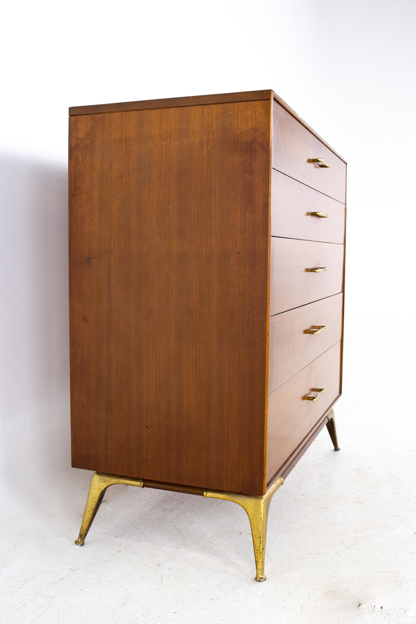 American R-Way Mid Century Walnut and Brass Highboy Dresser