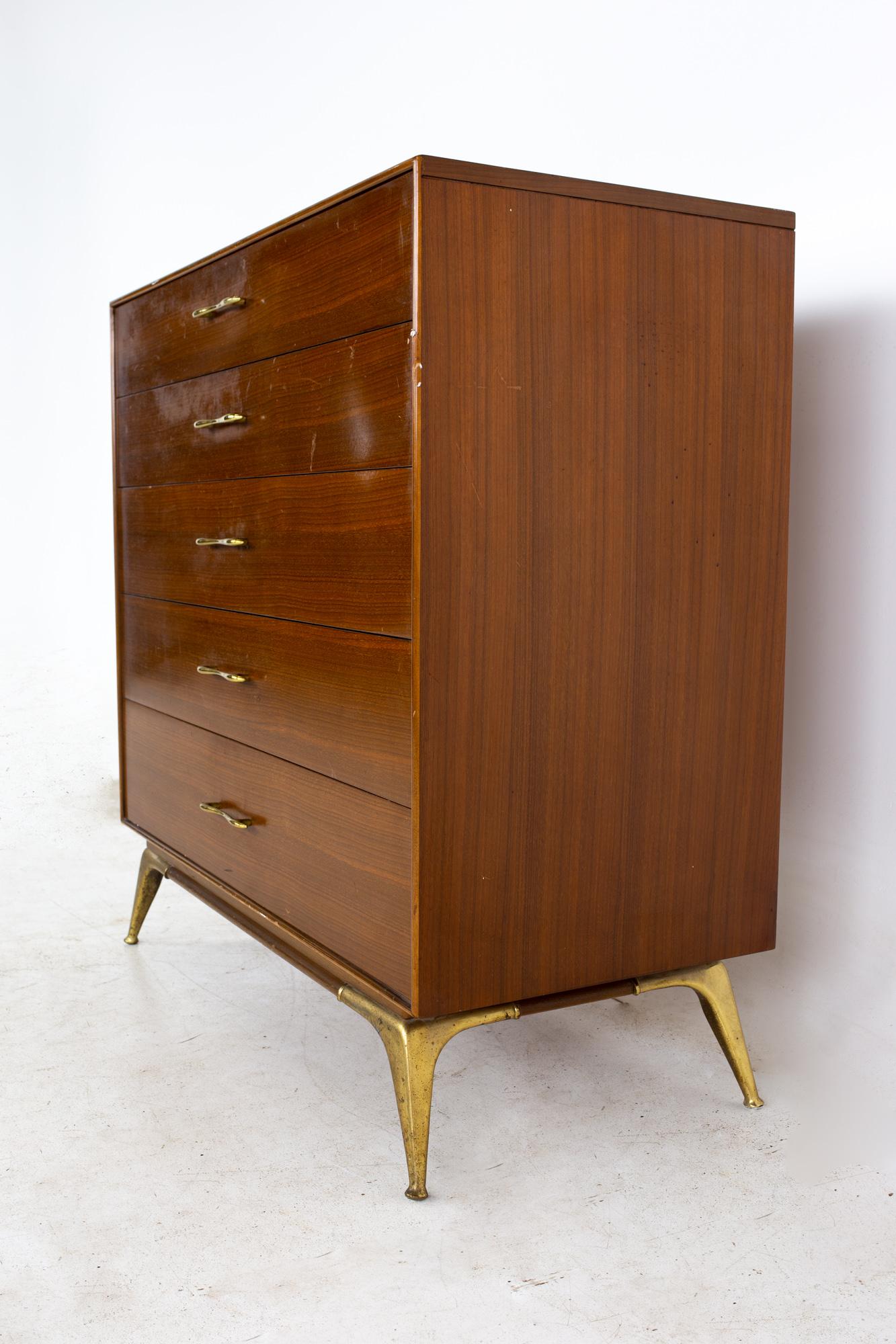R-Way Mid Century Walnut and Brass Highboy Dresser In Good Condition In Countryside, IL