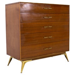 R-Way Mid Century Walnut and Brass Highboy Dresser