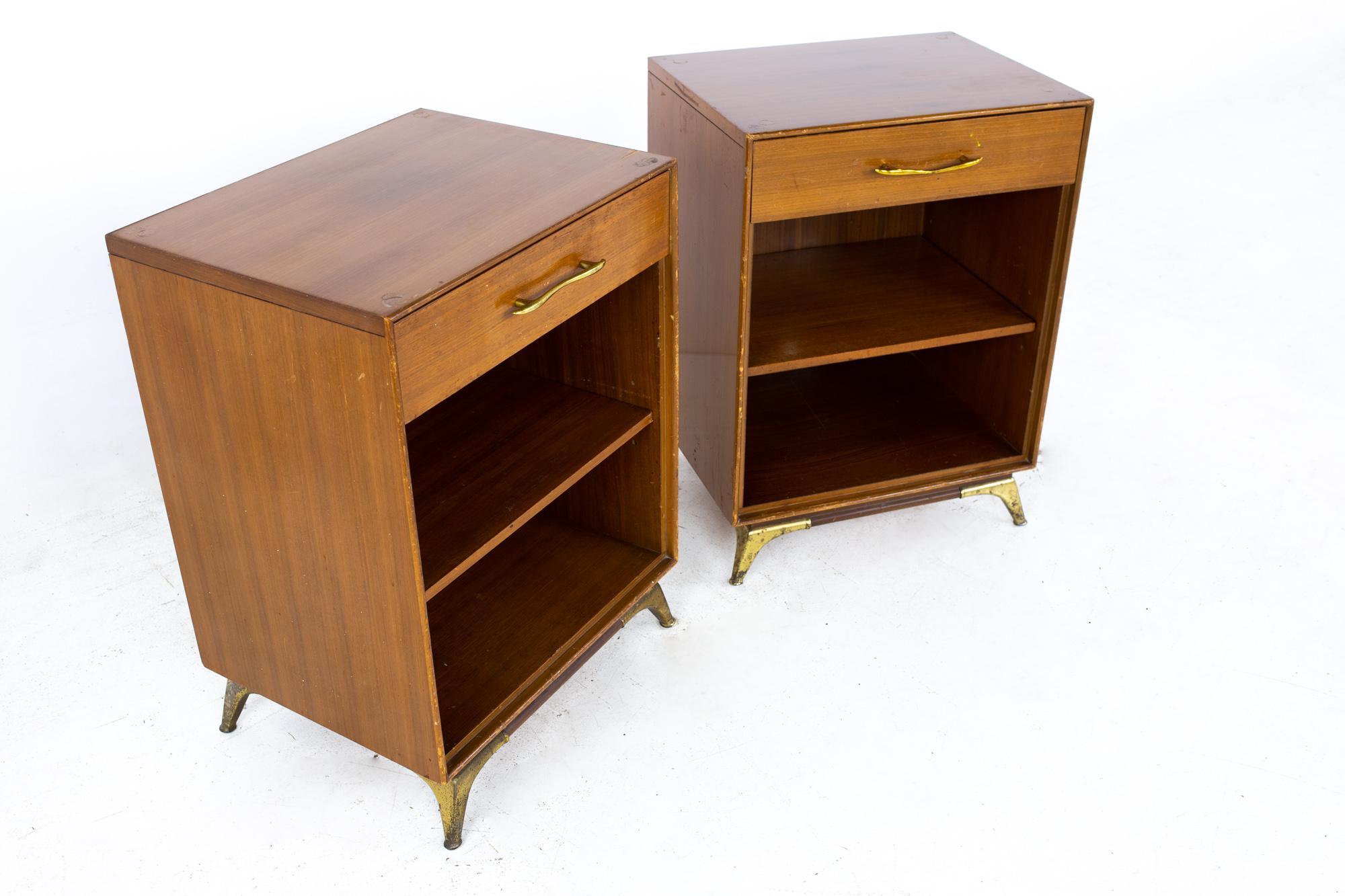 American R-Way Mid Century Walnut and Brass Nightstands, a Pair