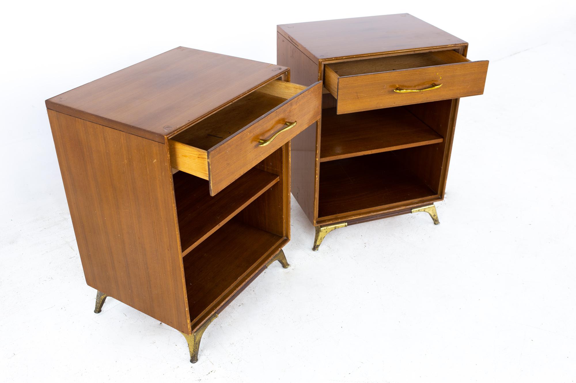 R-Way Mid Century Walnut and Brass Nightstands, a Pair In Good Condition In Franklin Park, IL