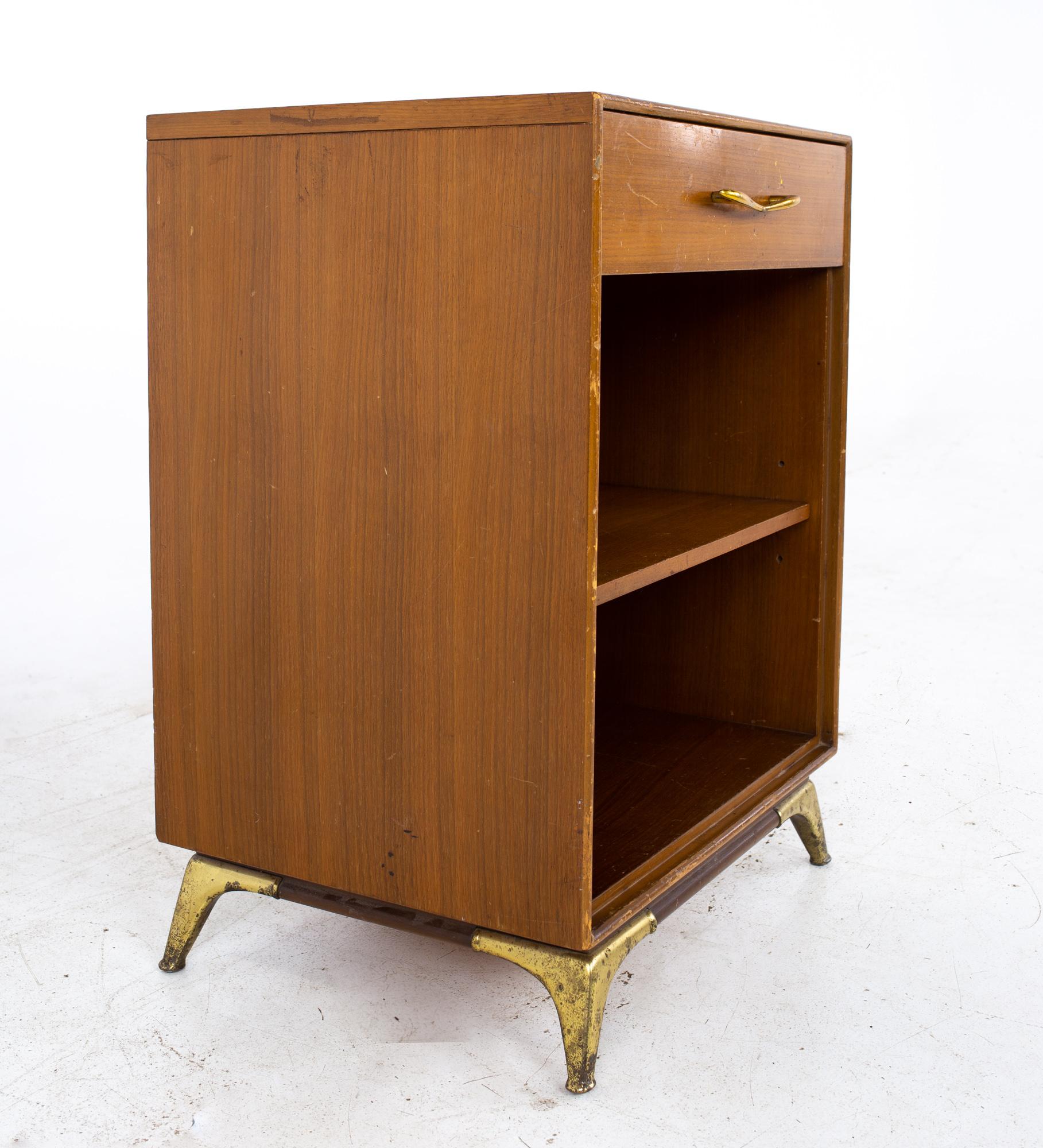 Late 20th Century R-Way Mid Century Walnut and Brass Nightstands, a Pair