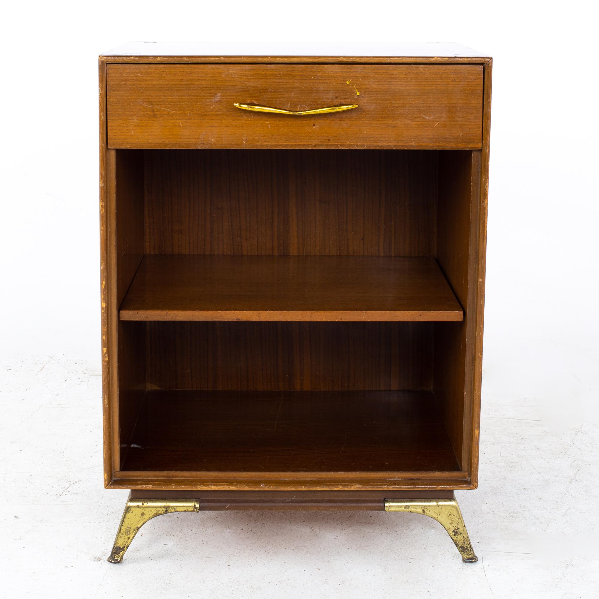 R-Way Mid Century Walnut and Brass Nightstands, a Pair 1