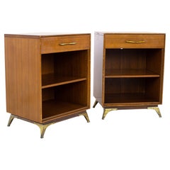 R-Way Mid Century Walnut and Brass Nightstands, a Pair