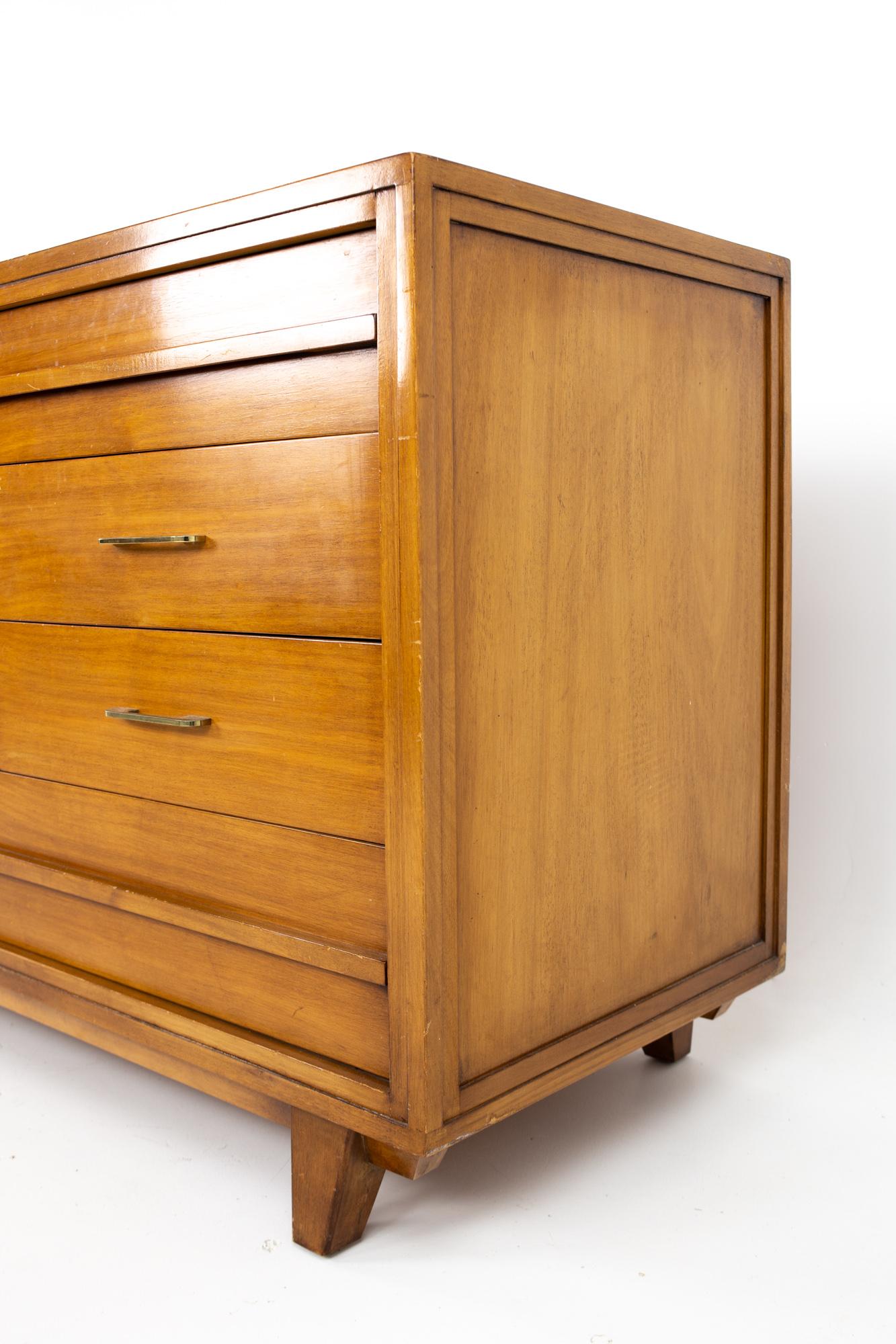 Mid-Century Modern RWAY Mid Century Honey Walnut and Brass 10-Drawer Lowboy Dresser