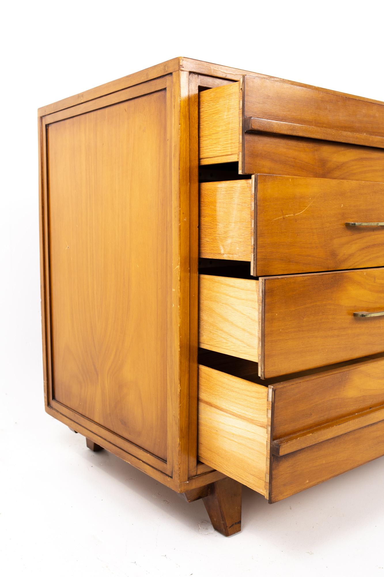 American RWAY Mid Century Honey Walnut and Brass 10-Drawer Lowboy Dresser