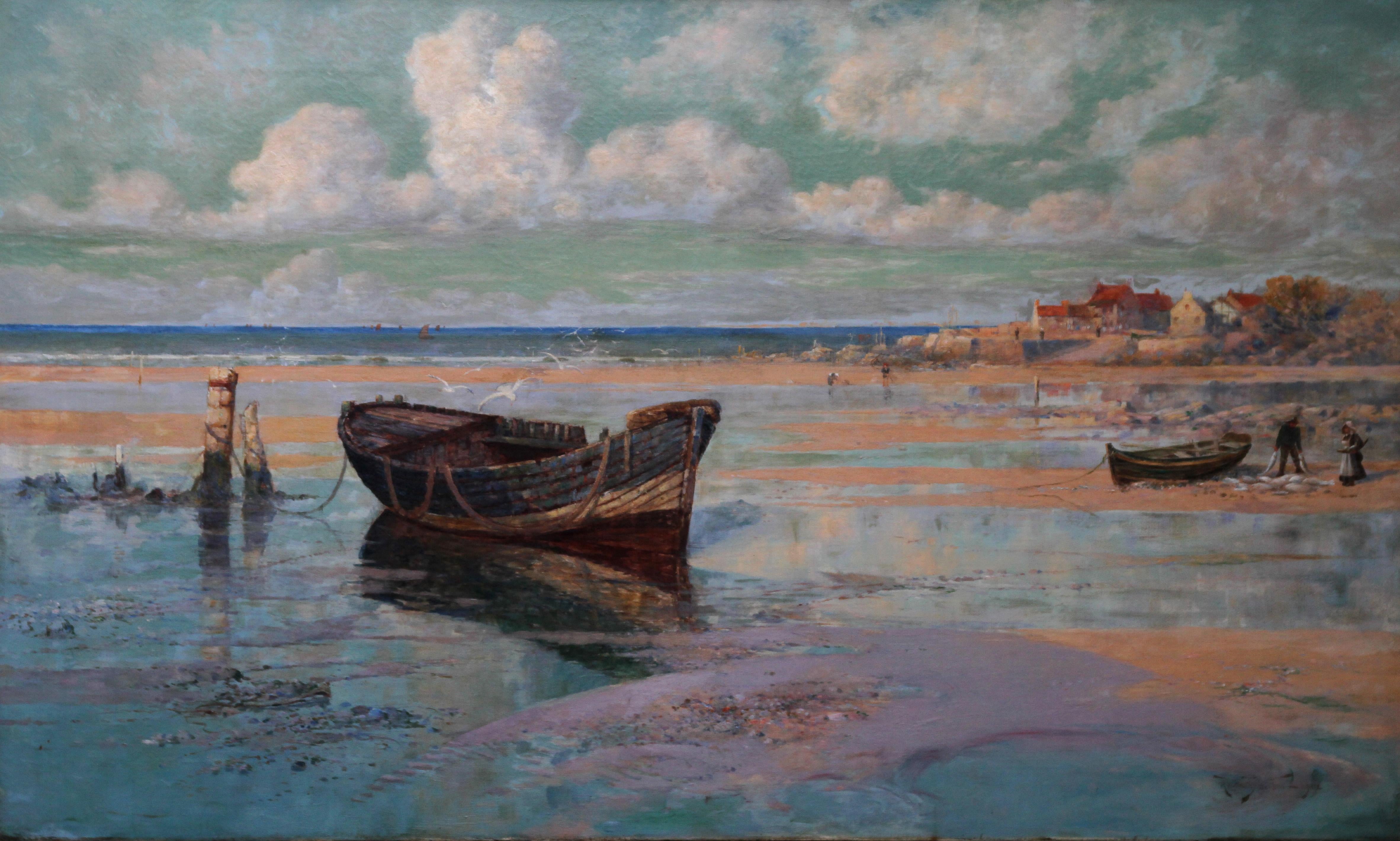 Left by the Tide - British art 19thC Impressionist oil painting beachscape boat 3