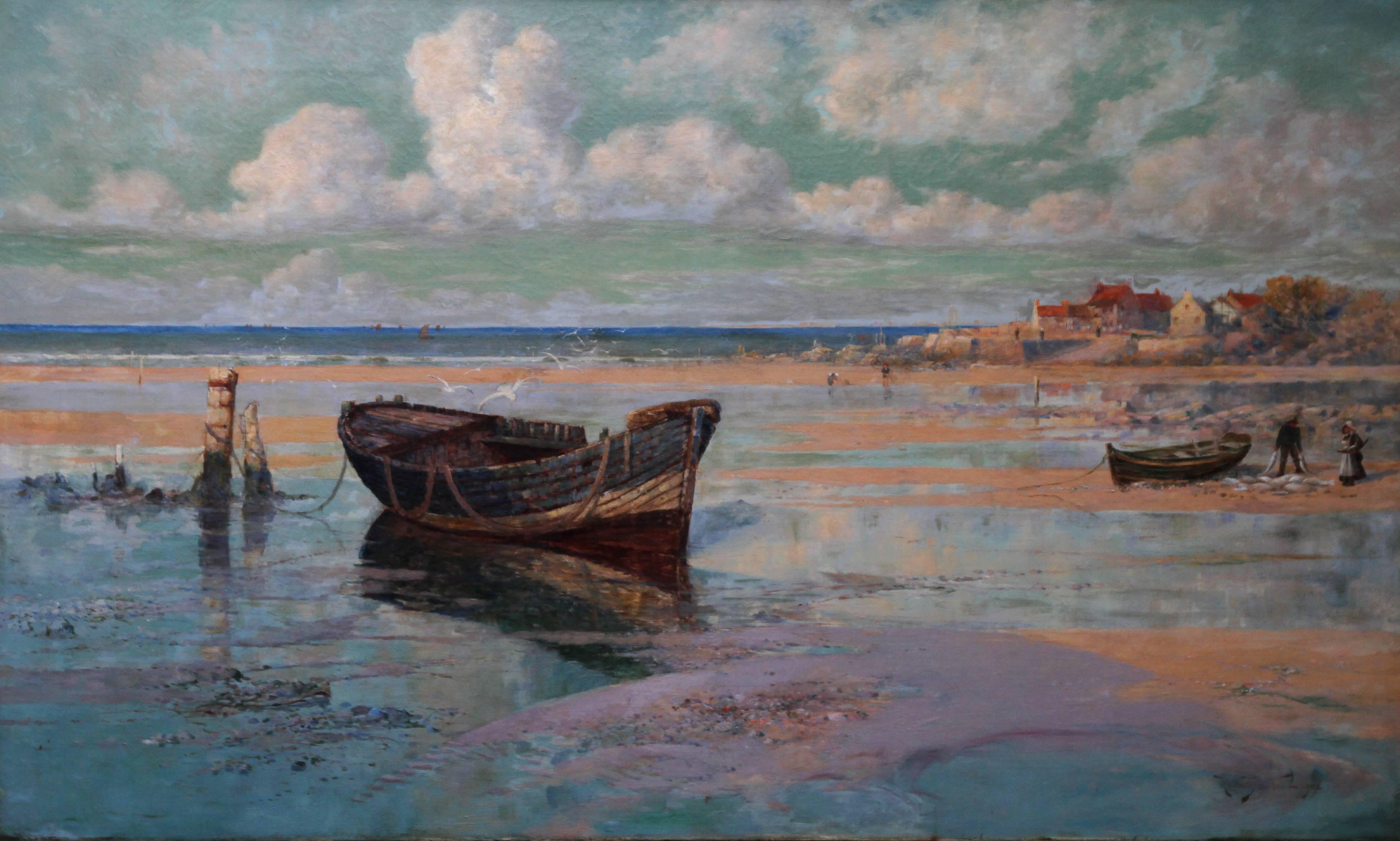 Left by the Tide - British art 19thC Impressionist oil painting beachscape boat - Painting by R. Wellesley Webster