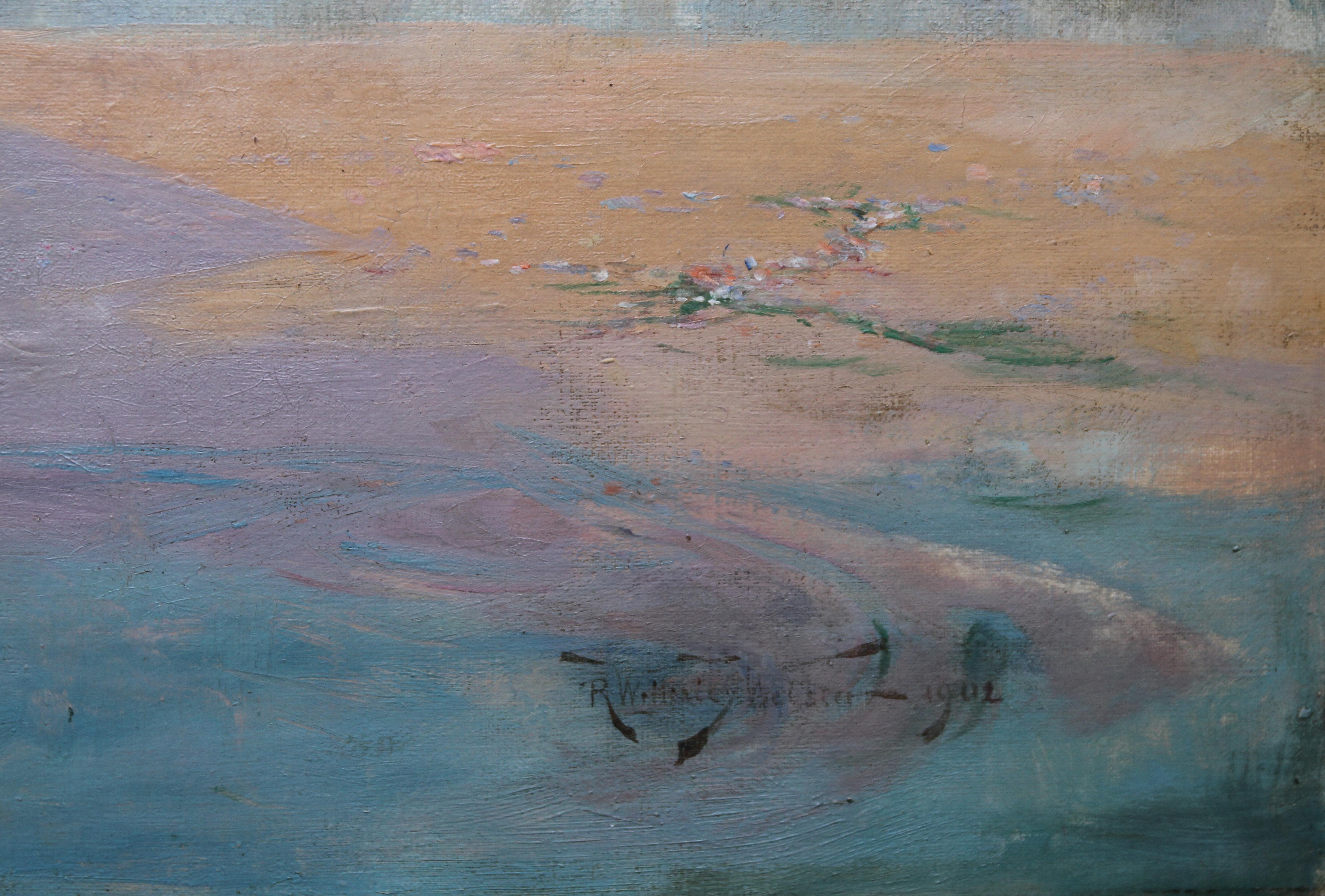 Left by the Tide - British art 19thC Impressionist oil painting beachscape boat - Gray Landscape Painting by R. Wellesley Webster
