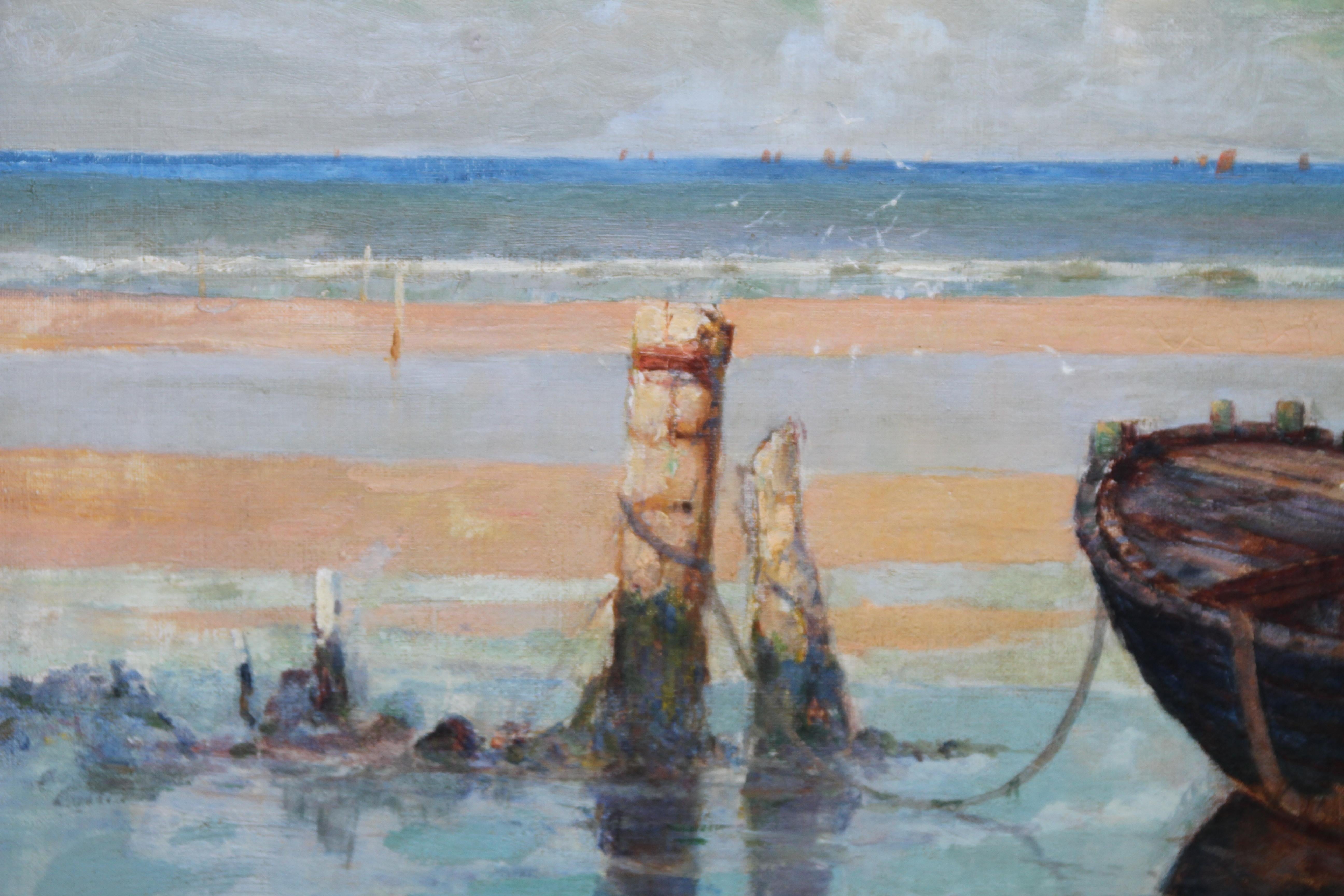 An original very large 19th century British marine oil on canvas by R Wellesley Webster which dates to circa 1895. He was noted for these large marine paintings and this painting, titled Left by the Tide, is a stunning colourful British