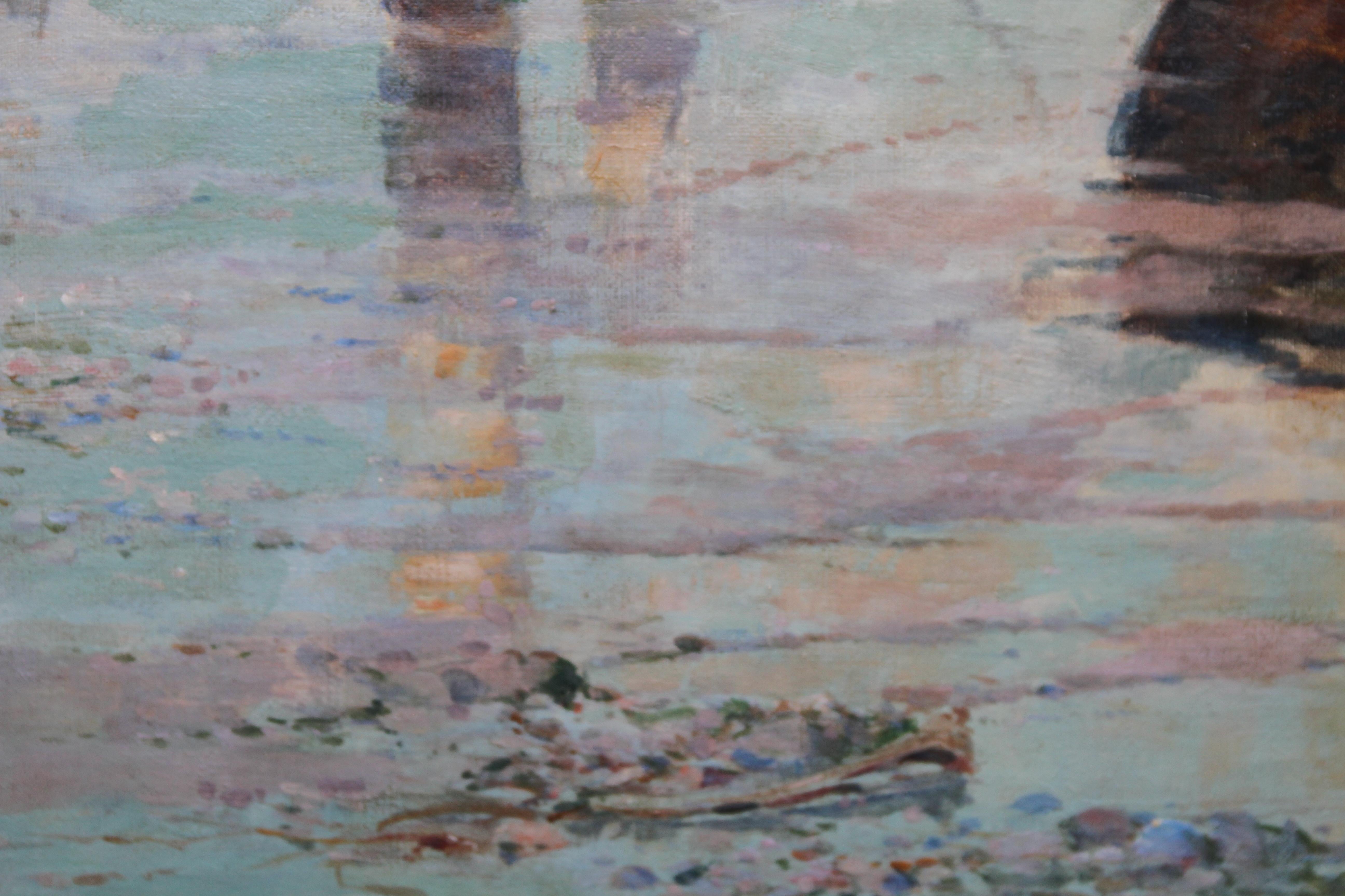 Left by the Tide - British art 19thC Impressionist oil painting beachscape boat 1