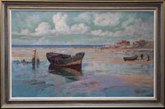 Left by the Tide - British art 19thC Impressionist oil painting beachscape boat