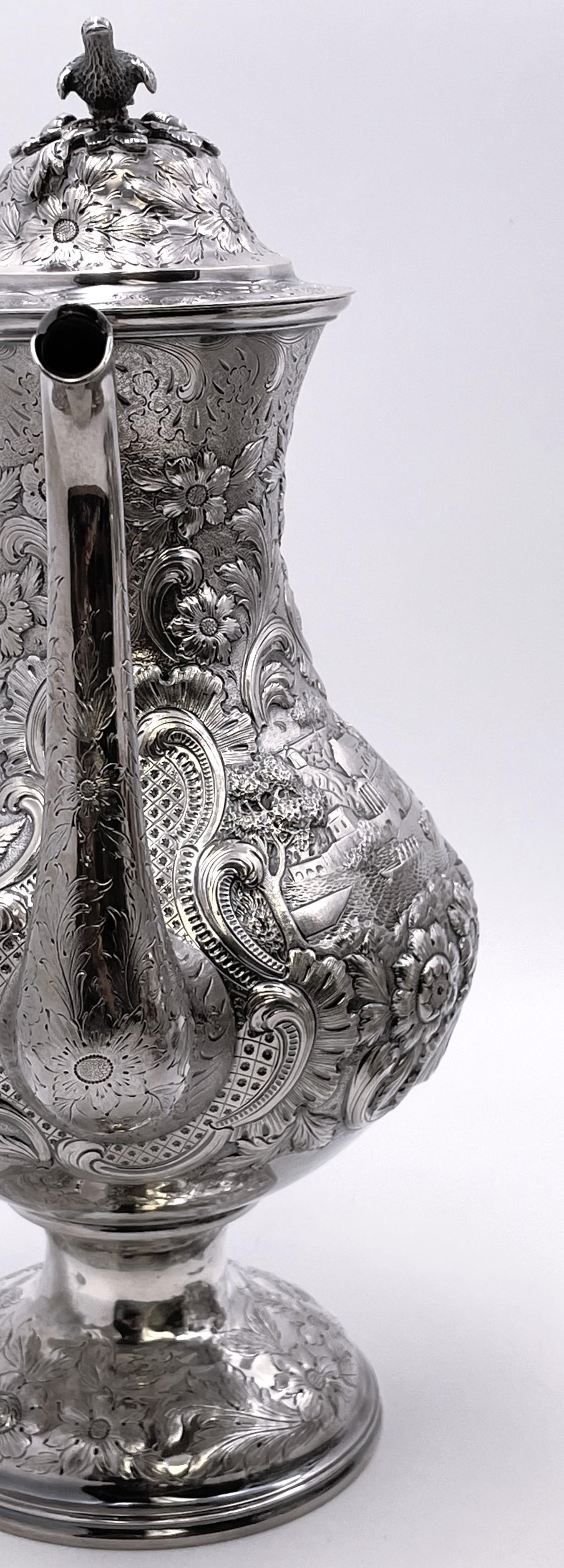 Américain R. Service à thé et à café 6 pièces en A. Silver Repousse de château architectural en vente