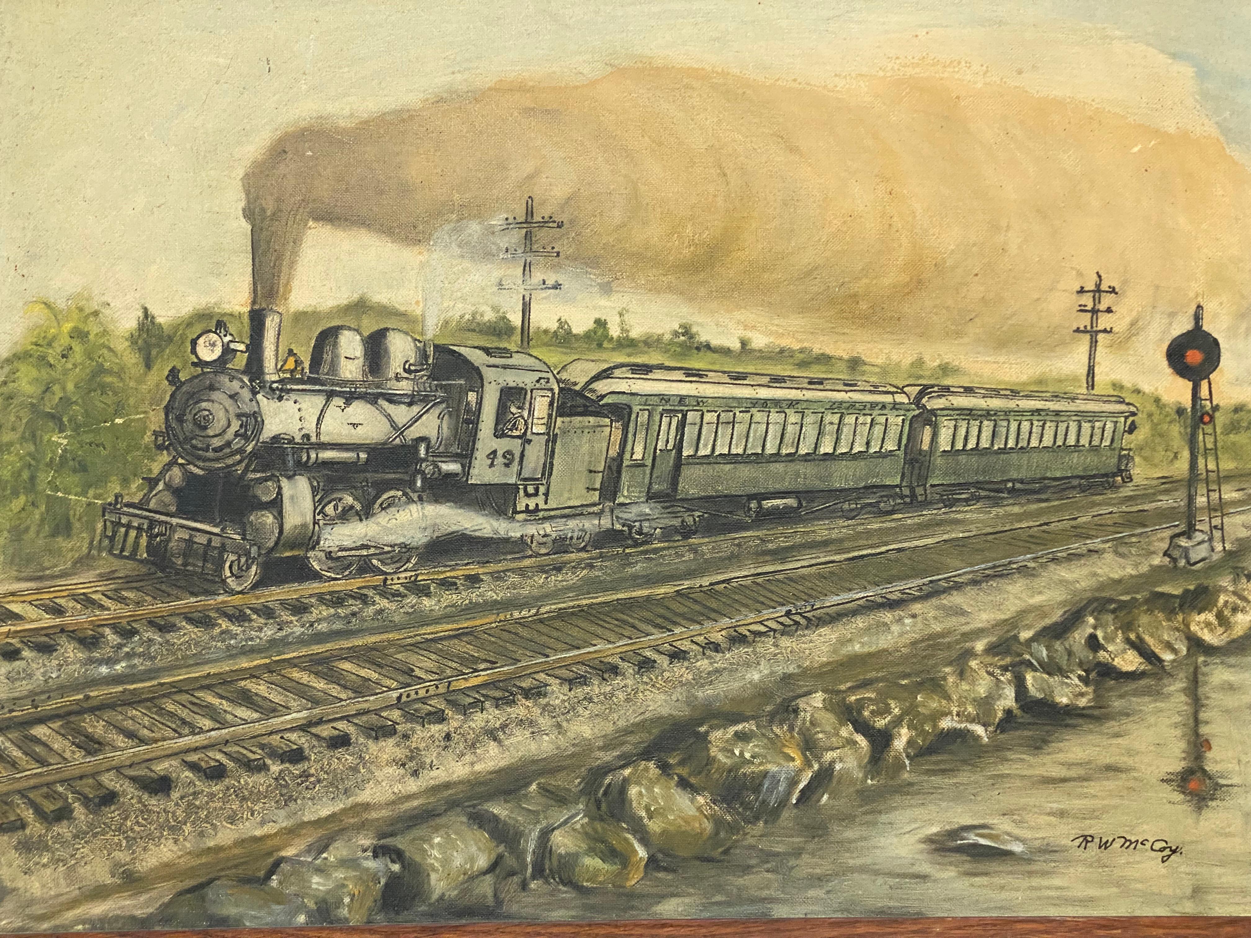 Steam locomotive with coal car and coaches. Signed R Wilson McCoy (1902-1961) lower right. McCoy was most famously known for his illustration work. Circa 1920-30. A nice bit of local down county Westchester, New York Central railroad history. Oil