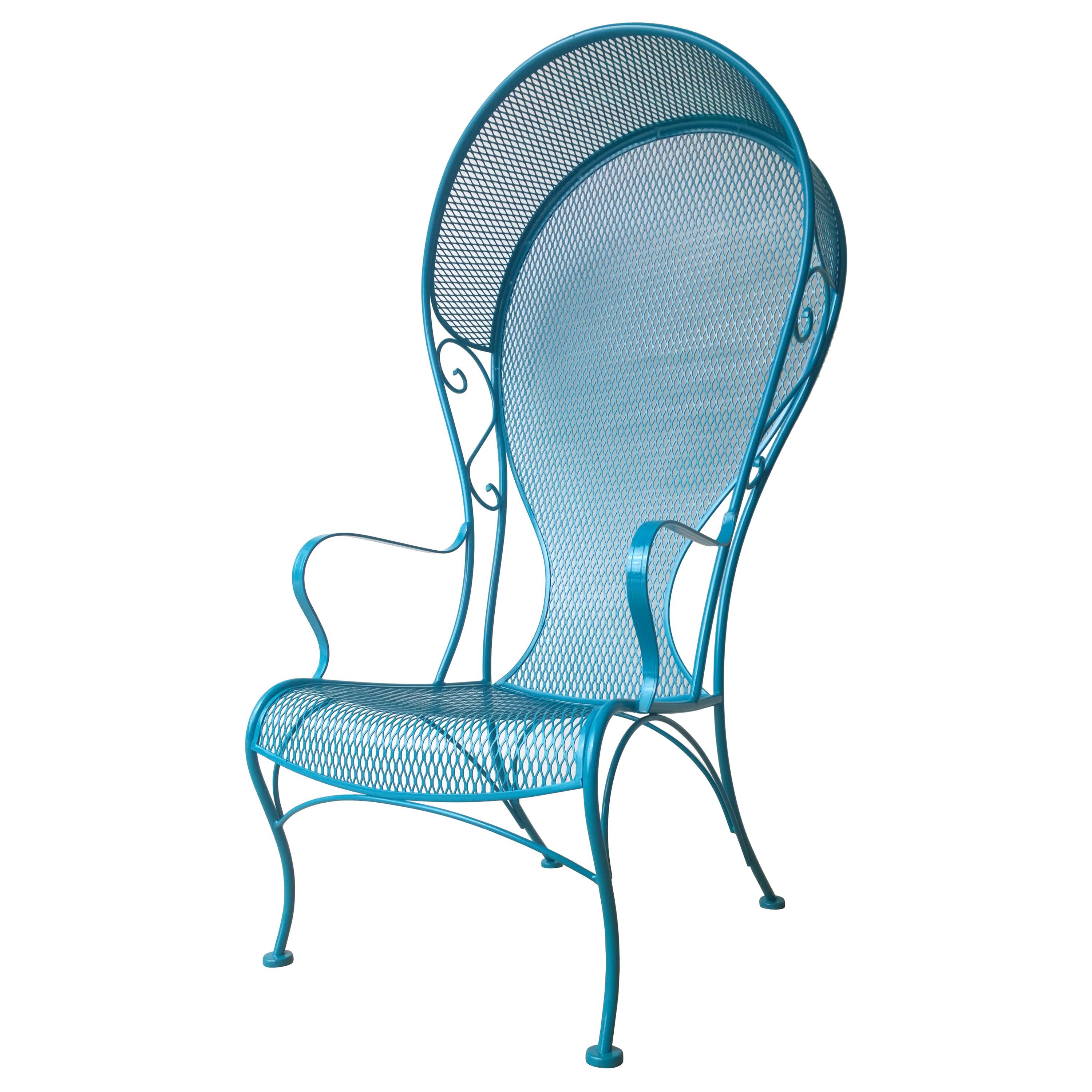 R. Woodard Newly Enameled Lagoon Blue Wrought Iron Patio /Garden Canopy Armchair For Sale