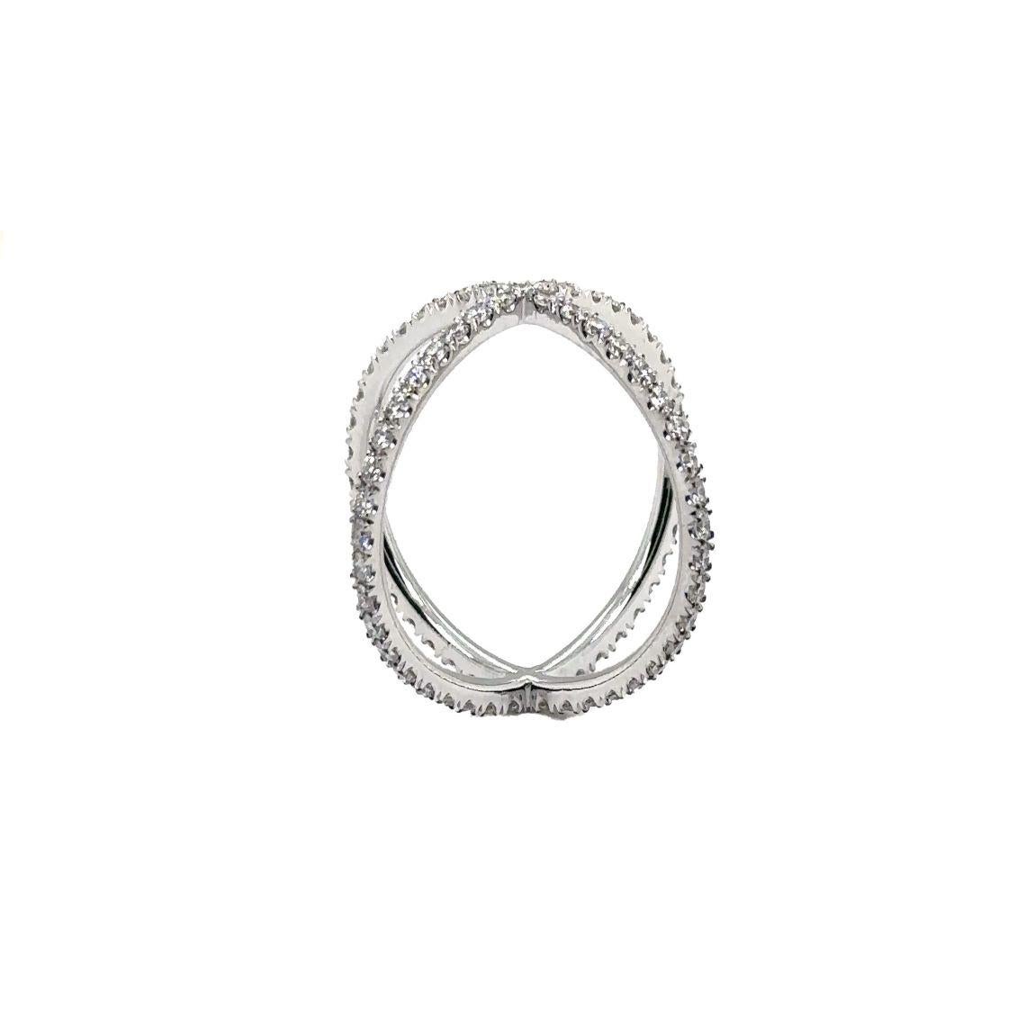 18K WHITE GOLD X RING with DIAMONDS 
Metal: 18K WHITE GOLD
Diamond Info: 
82-G/VS ROUND BRILLIANT DIAMONDS
SET IN MICRO PAVE CLUSTER
Total Ct Weight:  1.17 cwt.
Item Weight: 3.3 gm
Ring Size: 6 1/2(Not Re-sizable)
Measurements:    mm
*** All