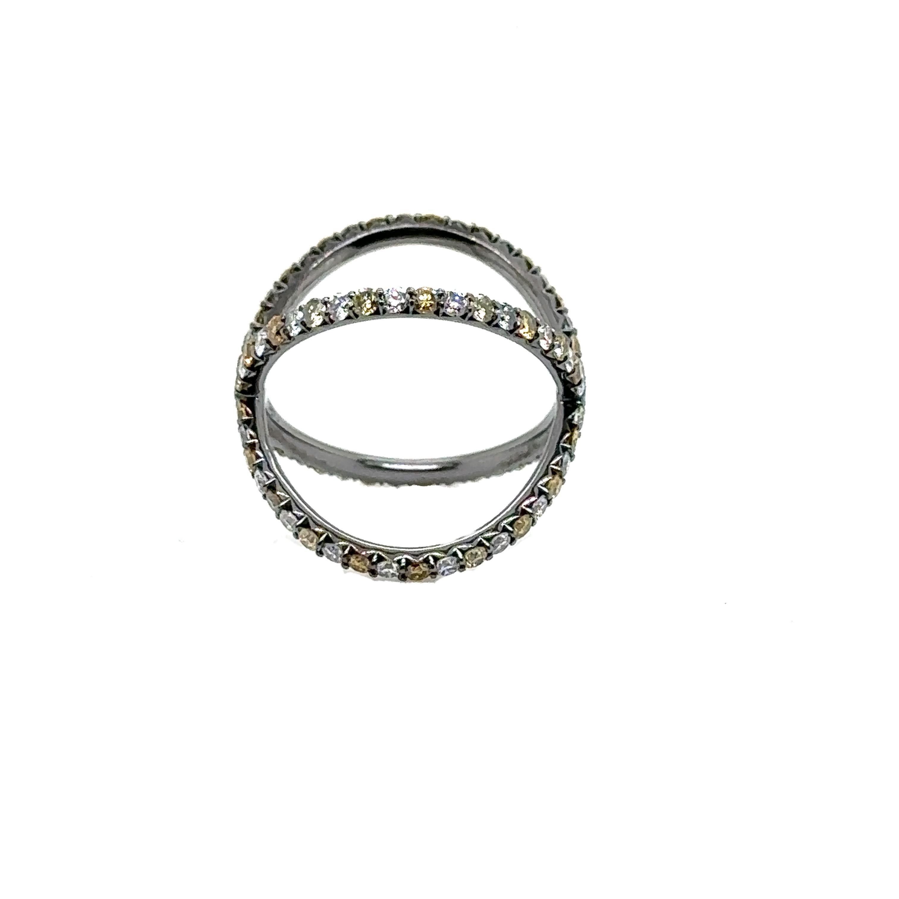 Modern R-X RING C&W - 18K WG X RING with NATURAL YELLOW & BROWNISH AND WHITE DIAMONDS  For Sale