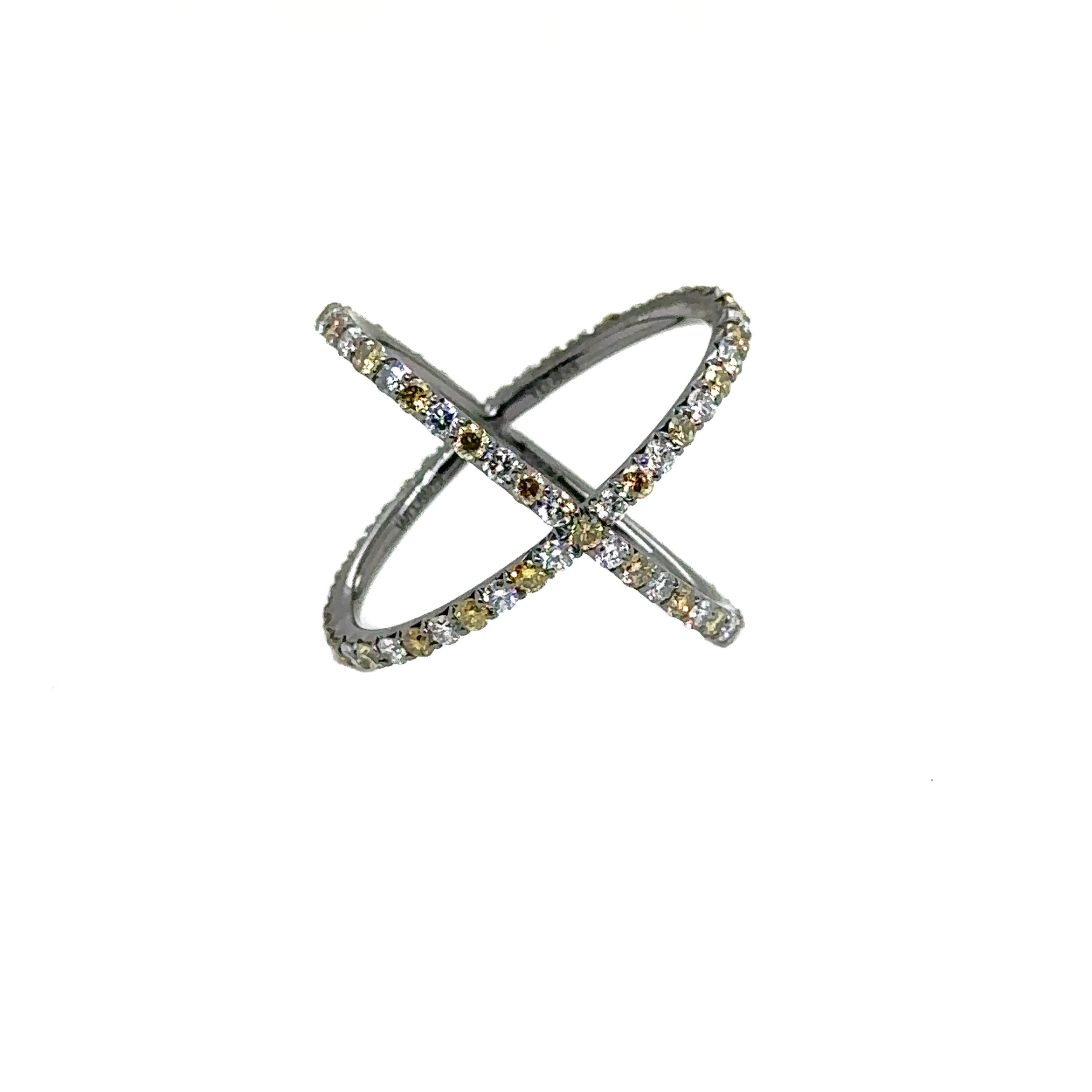 R-X RING C&W - 18K WG X RING with NATURAL YELLOW & BROWNISH AND WHITE DIAMONDS  For Sale 1
