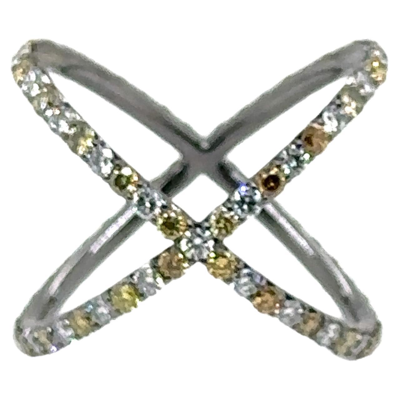 R-X RING C&W - 18K WG X RING with NATURAL YELLOW & BROWNISH AND WHITE DIAMONDS 