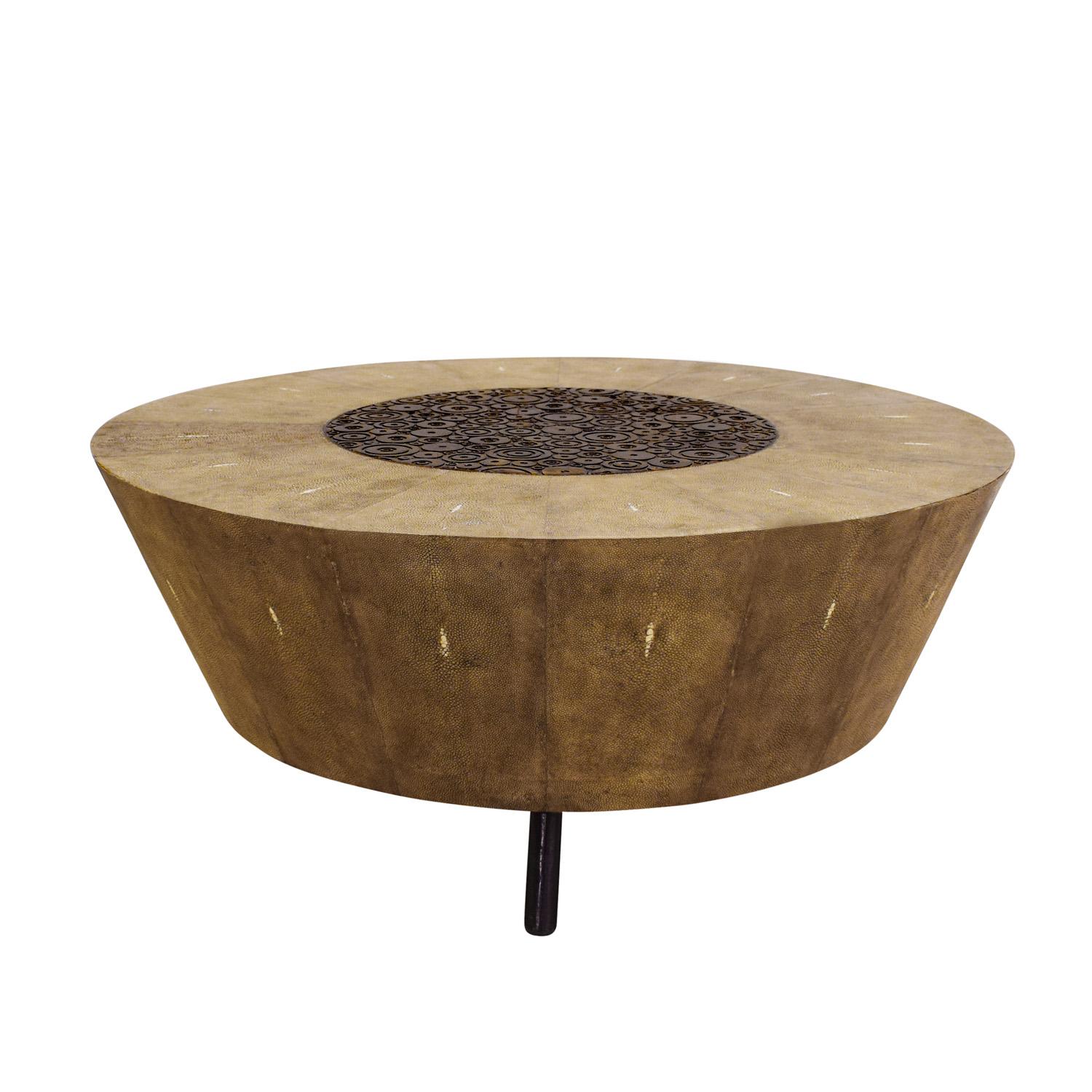 Round coffee table in taupe shagreen with steel legs and bronze center on top with circular motif by R & Y Augousti, France 2010 (signed “R&Y Augousti Paris” on brass label on bottom). A beautiful combination of materials.