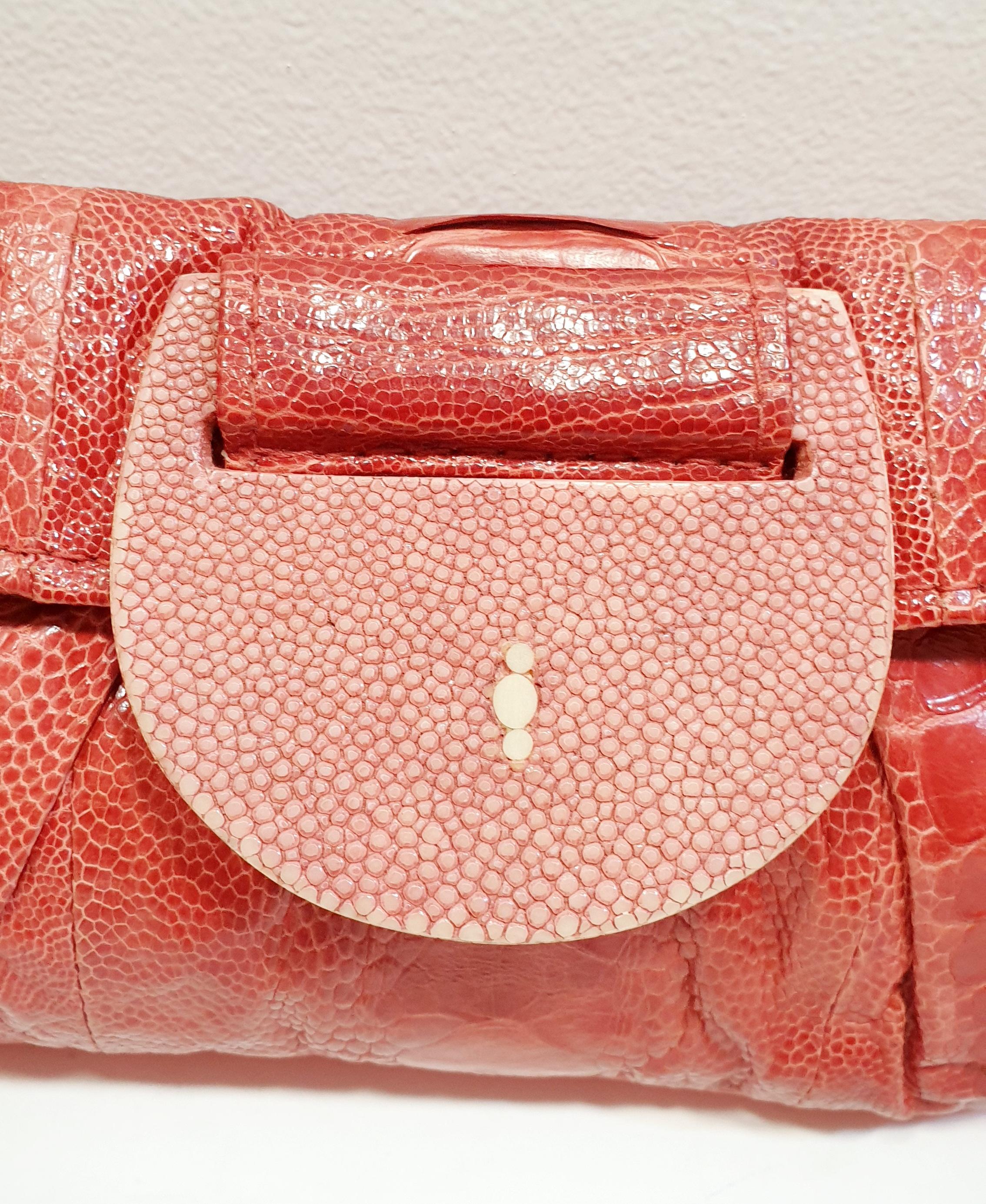 Pink R & Y Augousti Cranberry  Python Leather Stingray Clutch Bag