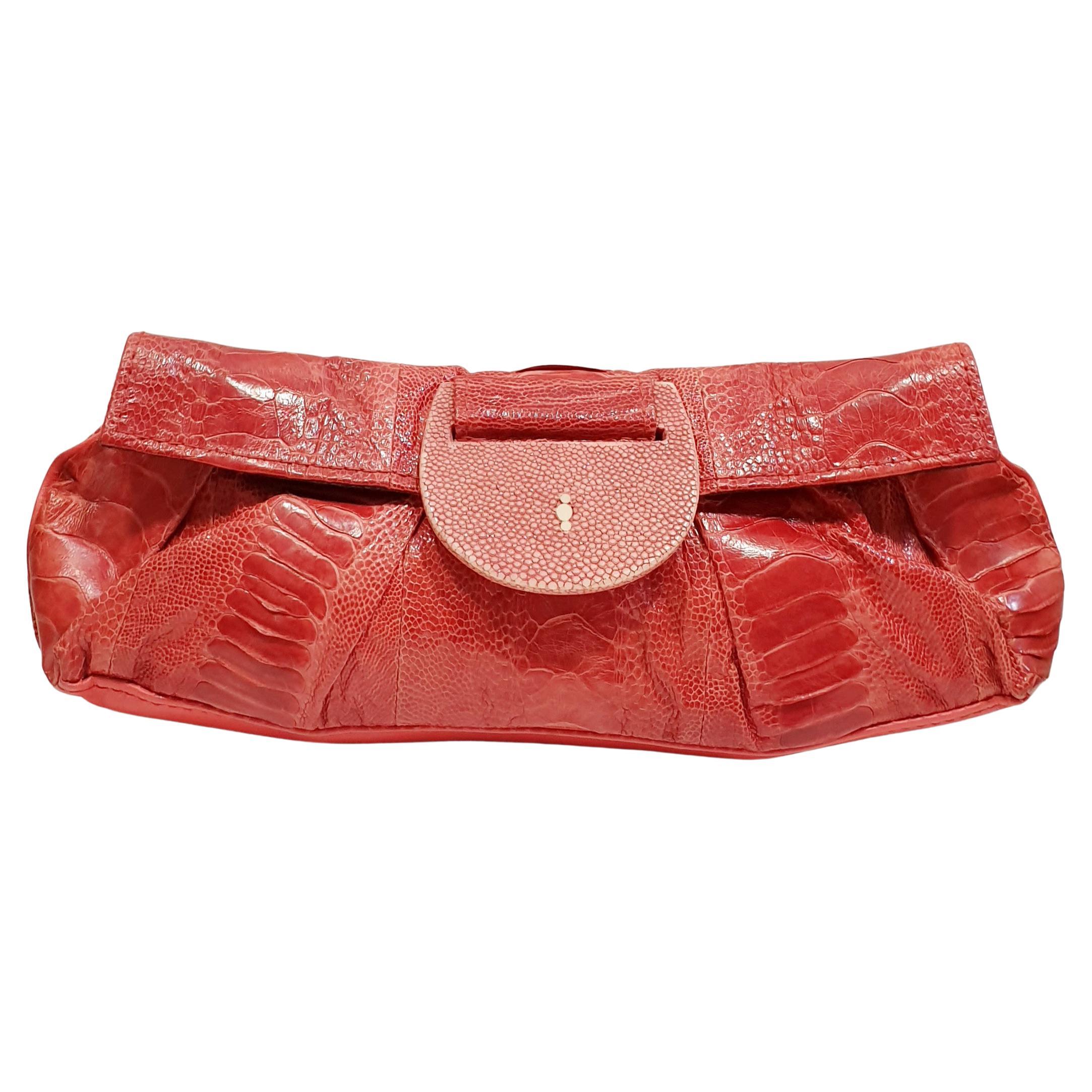 R & Y Augousti Cranberry  Python Leather Stingray Clutch Bag