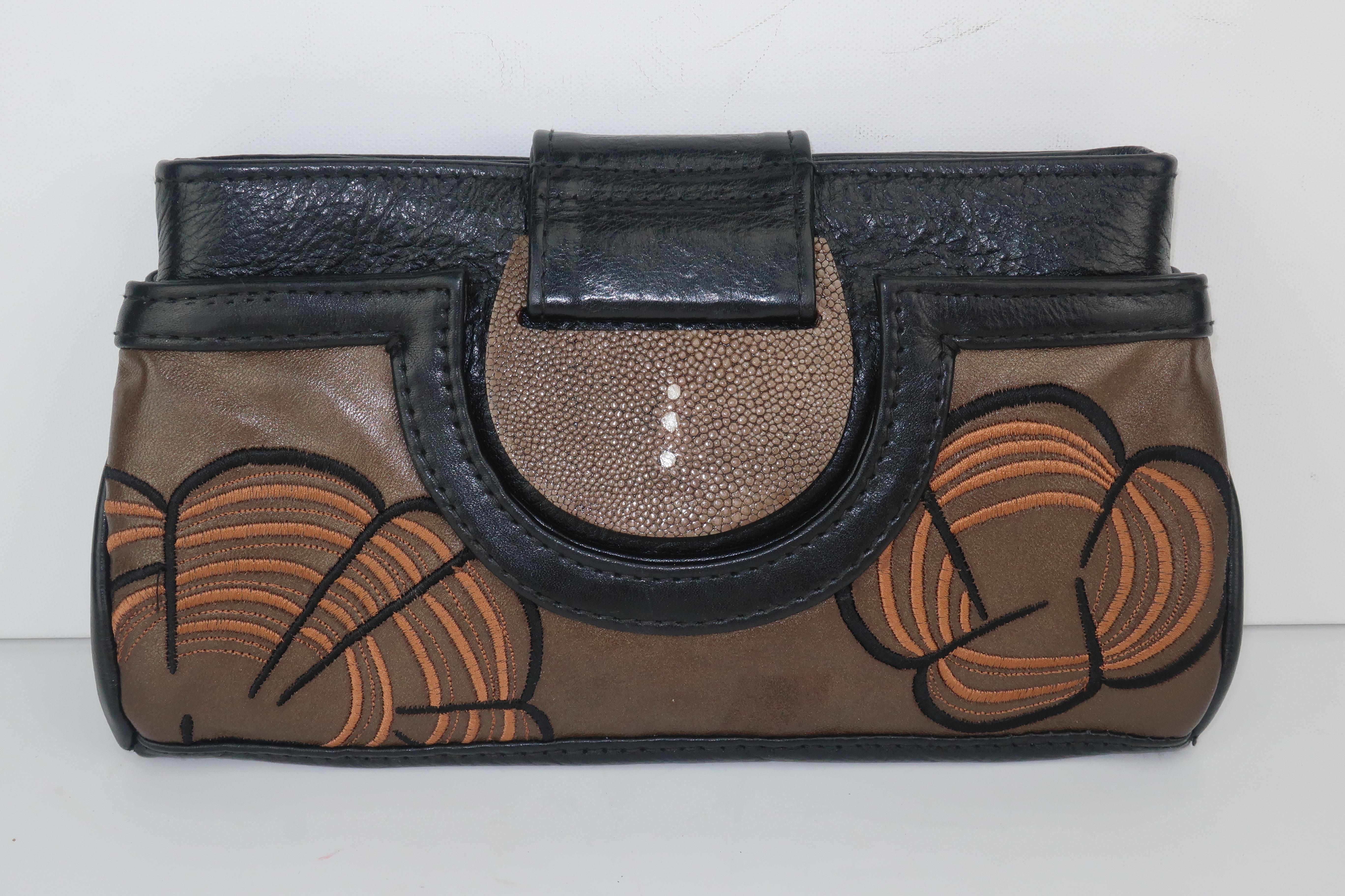 R & Y Augousti Embroidered Leather Clutch With Shagreen Closure In Good Condition In Atlanta, GA