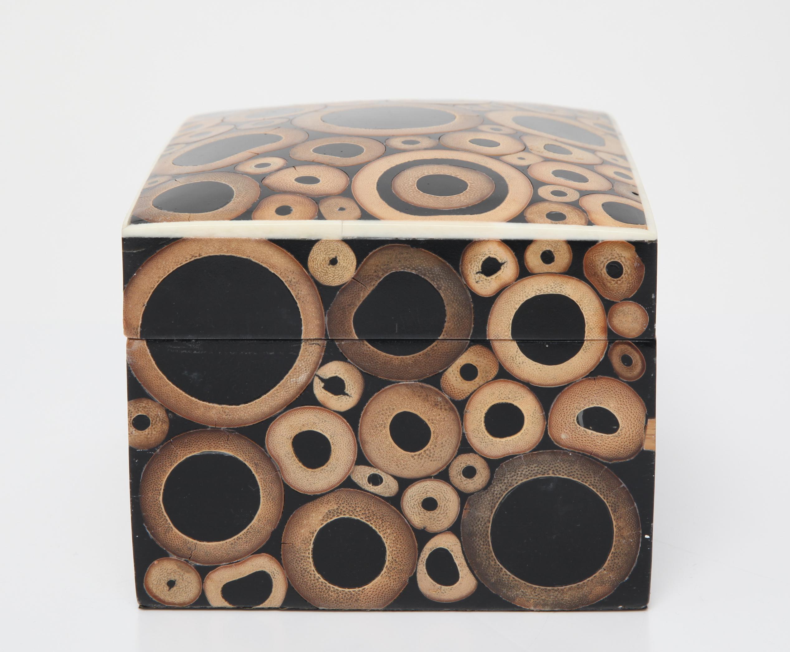 French Modern wood box with a bamboo inlay and ebonized wood, designed by R & Y Augosti. The piece is marked to the underside
