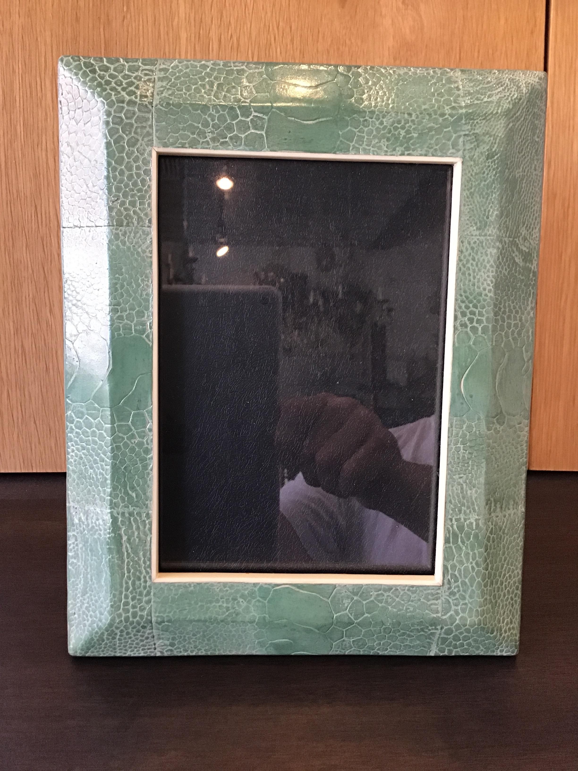 R & Y Augousti green snakeskin picture frame. Opening is 4.5 x 6.5.