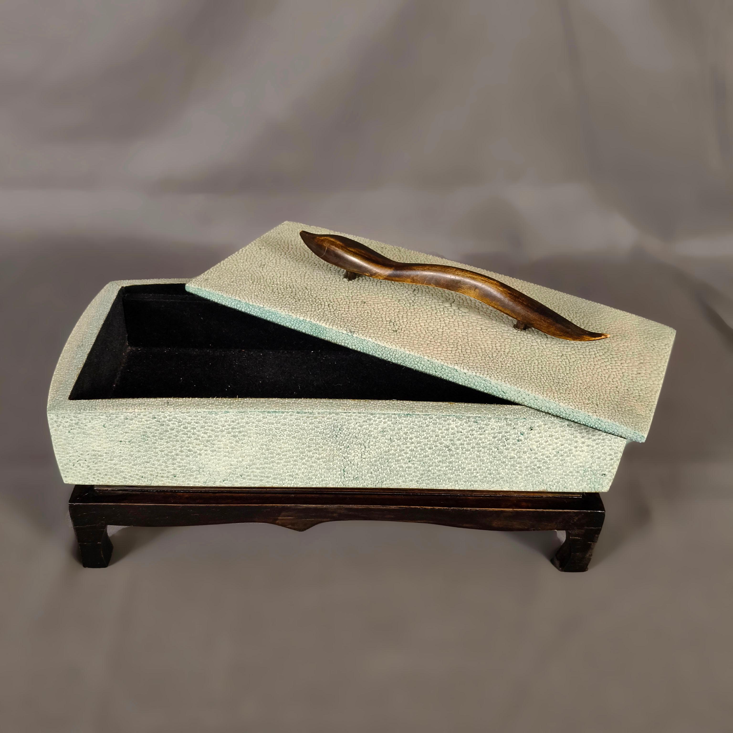 English R & Y Augousti Green Stingray Shagreen And Wood Jewel Box