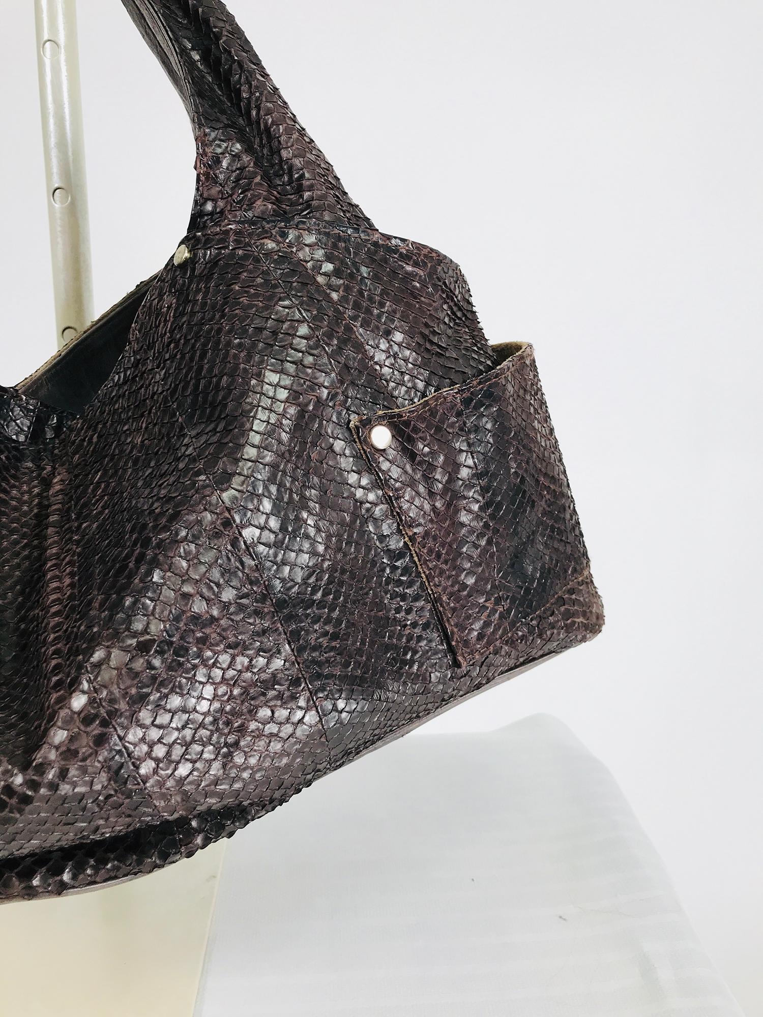 R & Y Augousti Paris Large Brown Snakeskin Shoulder Bag with Silver Studs For Sale 7