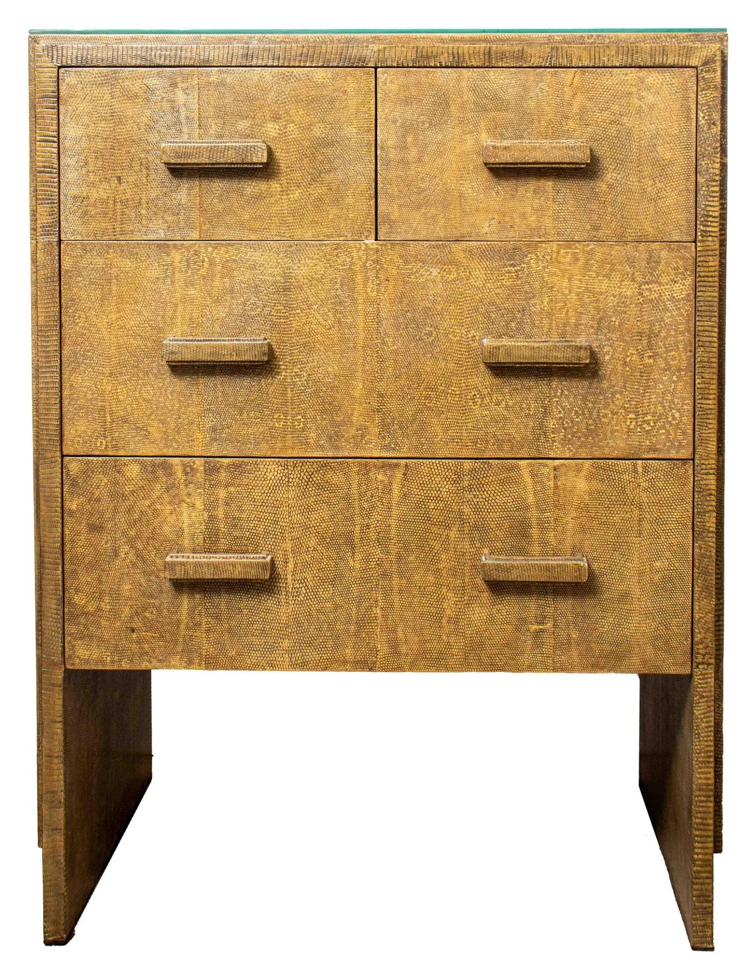 R & Y Augousti Paris modern snakeskin dresser with glass top, two short drawers over two long drawers. 42.25