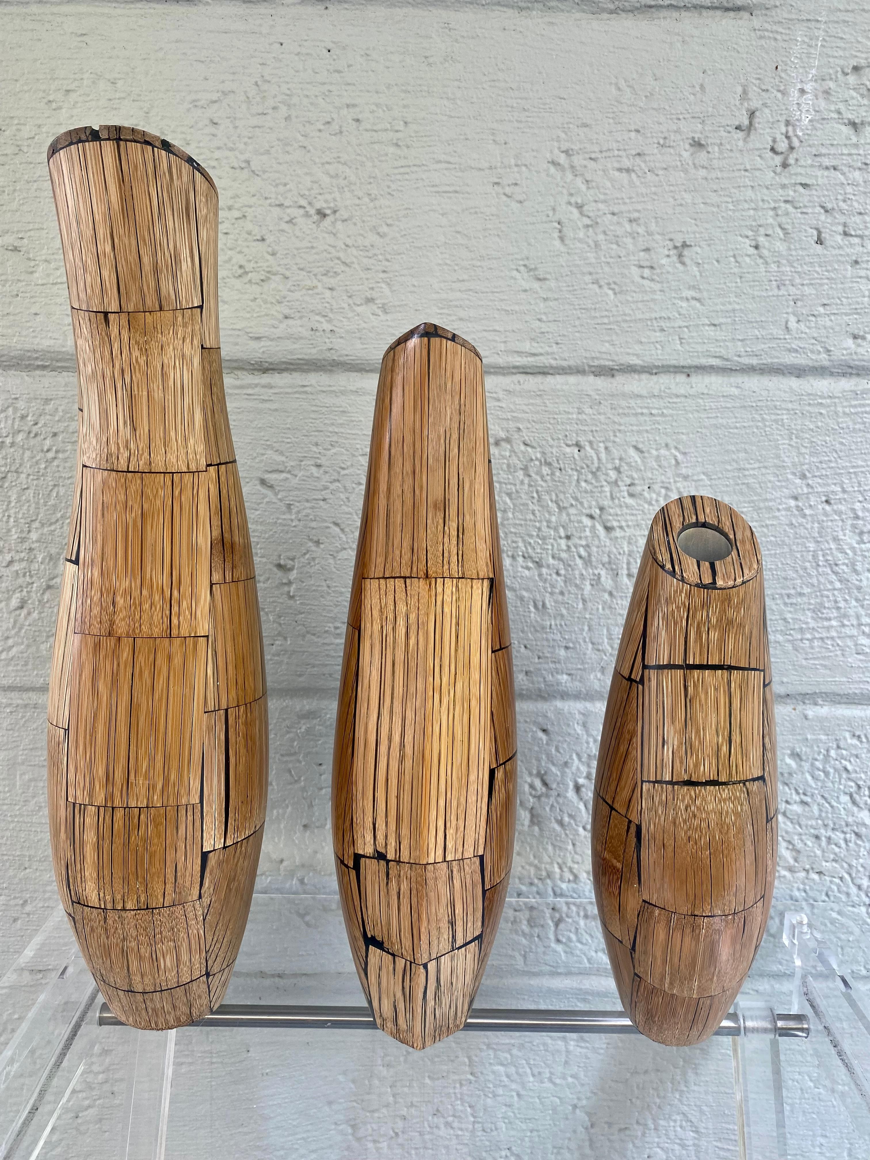 Brown R&Y Augousti Paris Inlaid Bamboo Rattan Wood Sculptural Vases, Set of 3 For Sale