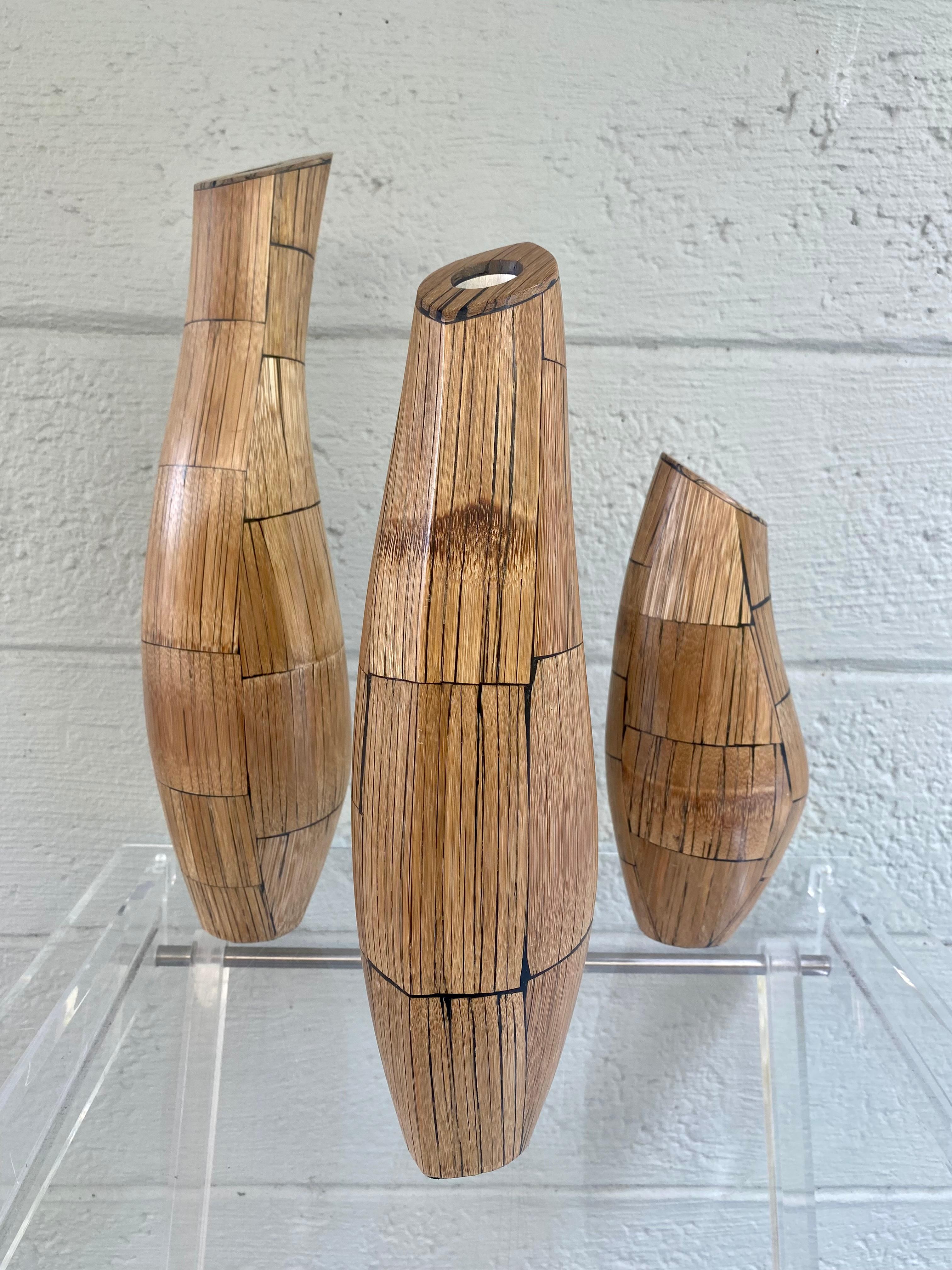 Women's or Men's R&Y Augousti Paris Inlaid Bamboo Rattan Wood Sculptural Vases, Set of 3 For Sale