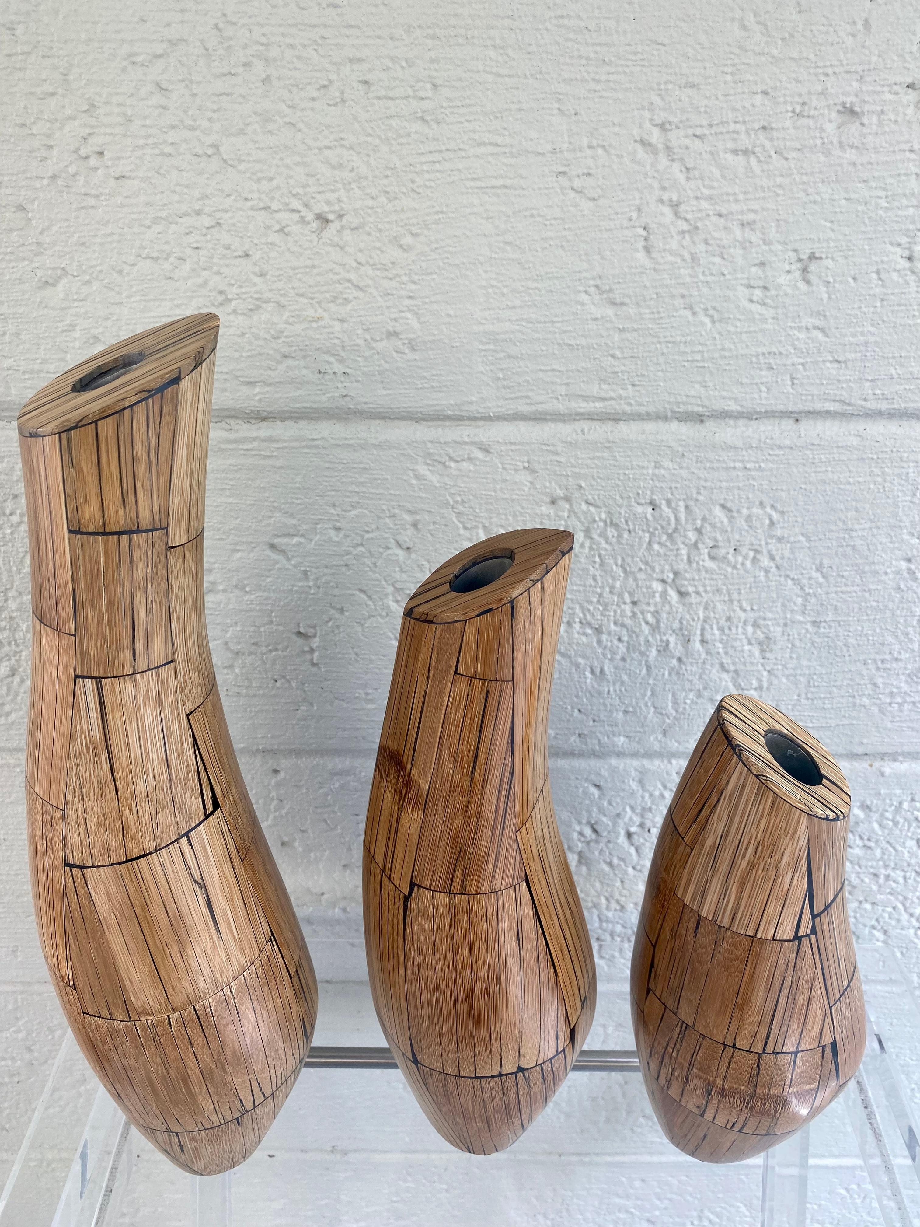 R&Y Augousti Paris Inlaid Bamboo Rattan Wood Sculptural Vases, Set of 3 For Sale 1
