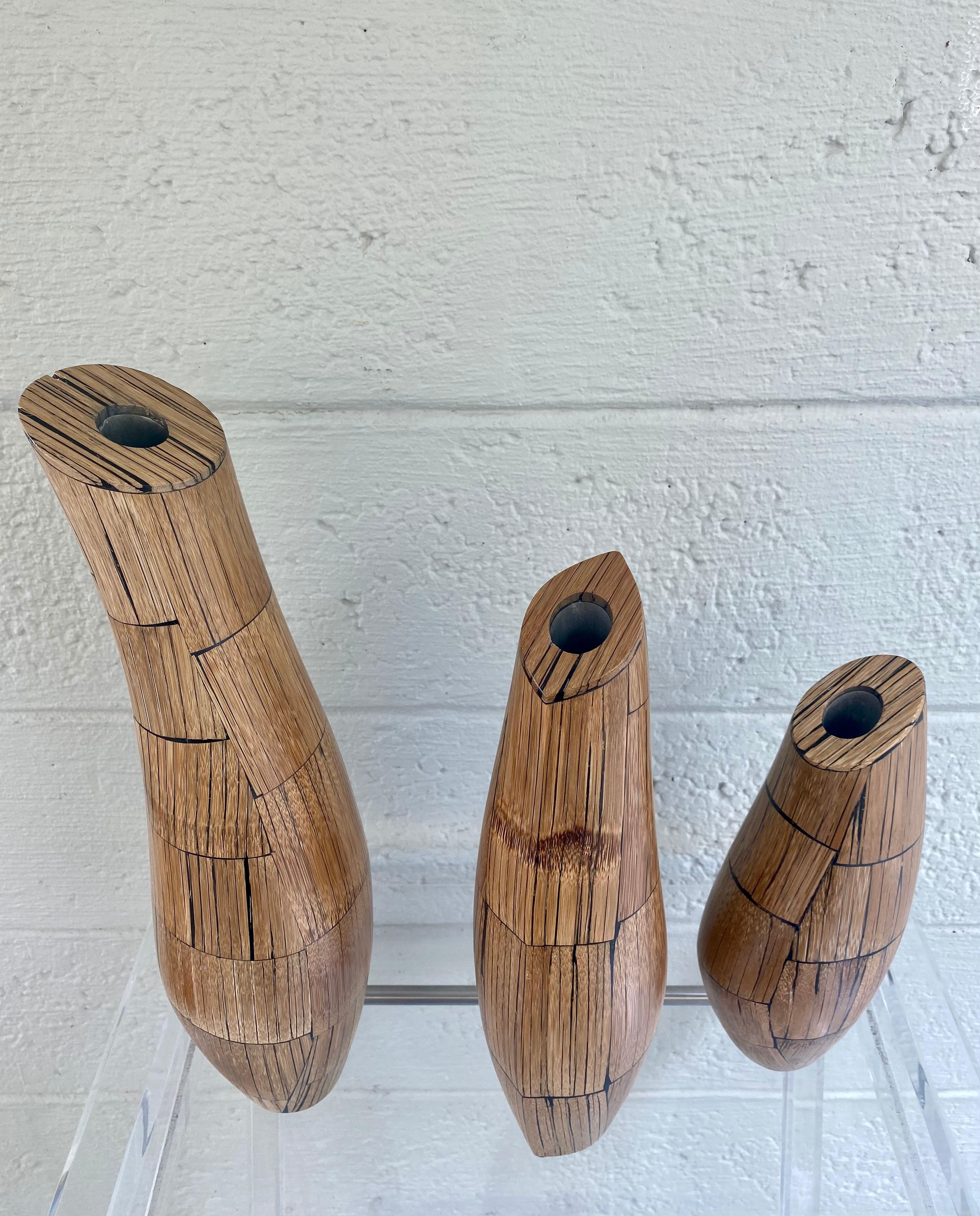 R&Y Augousti Paris Inlaid Bamboo Rattan Wood Sculptural Vases, Set of 3 For Sale 2