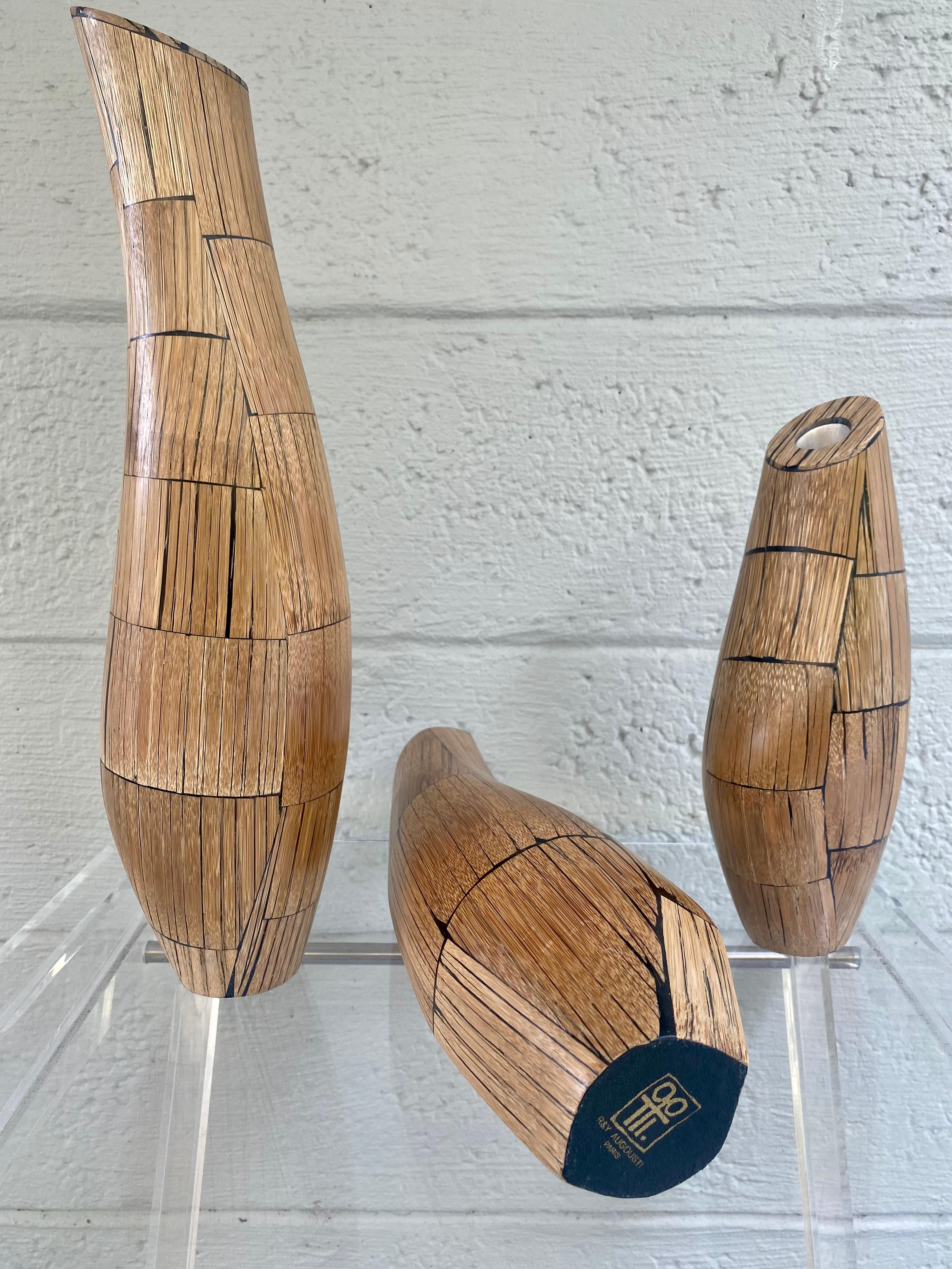 R&Y Augousti Paris Inlaid Bamboo Rattan Wood Sculptural Vases, Set of 3 For Sale 3