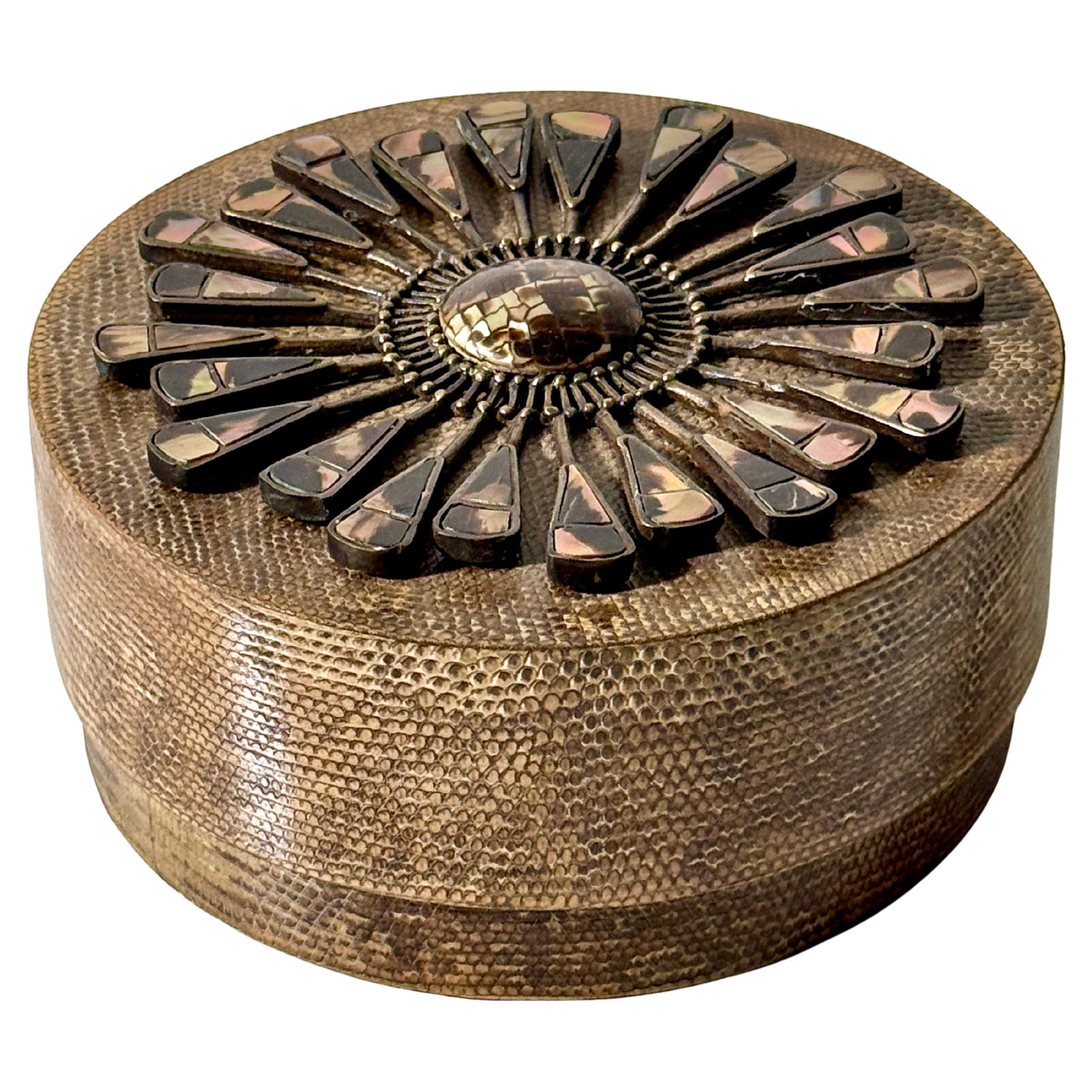 R & Y Augousti Shagreen Abalone and Bronze Round Decorative Lidded Box France