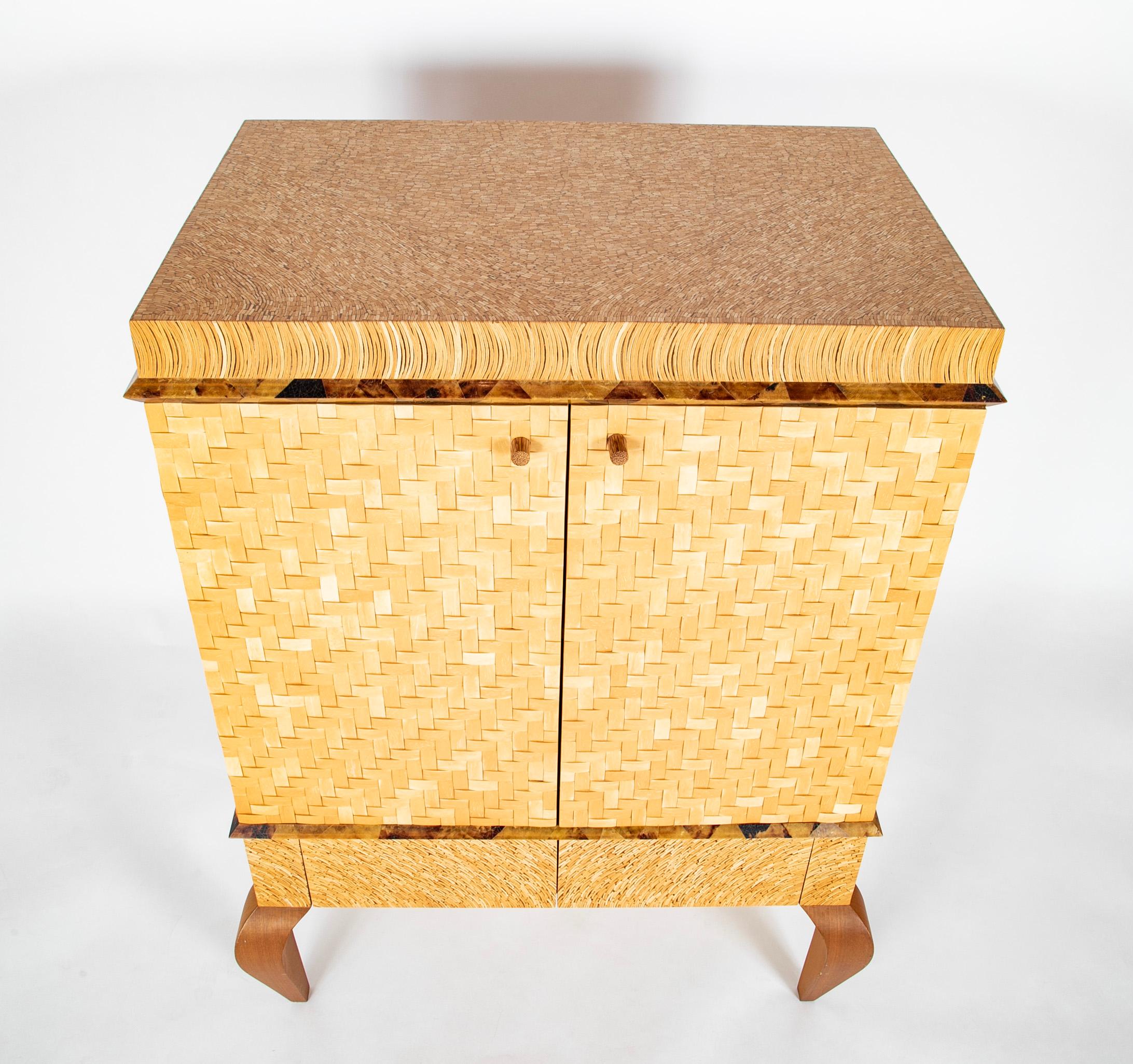 Modern R & Y Augousti Style Lacquered Bamboo, Pen Shell and Egg Shell Cabinet  For Sale