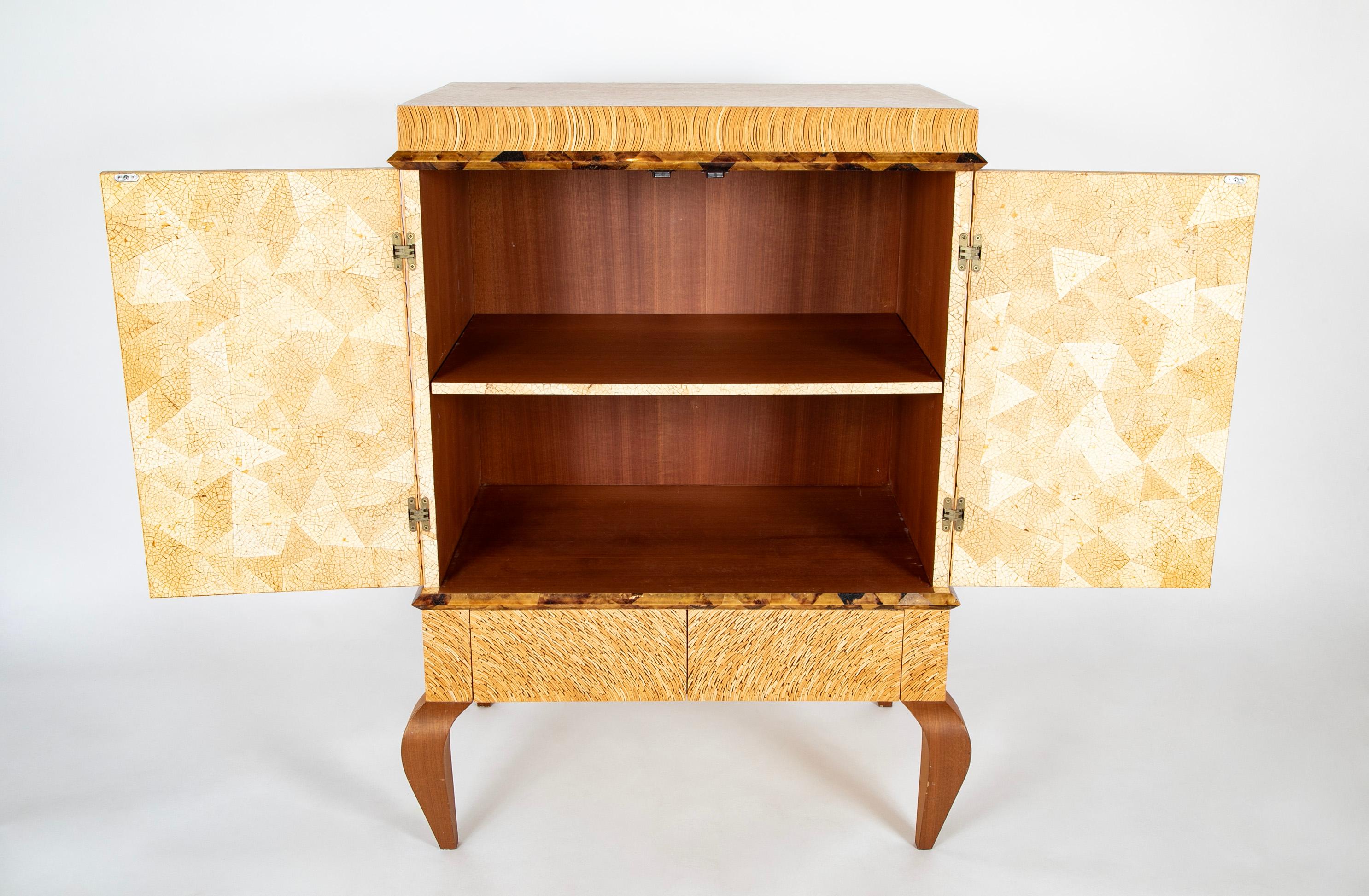 R & Y Augousti Style Lacquered Bamboo, Pen Shell and Egg Shell Cabinet  For Sale 3