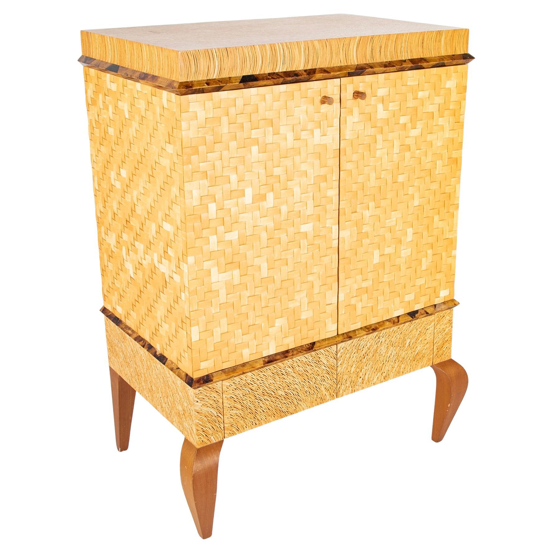 R & Y Augousti Style Lacquered Bamboo, Pen Shell and Egg Shell Cabinet 